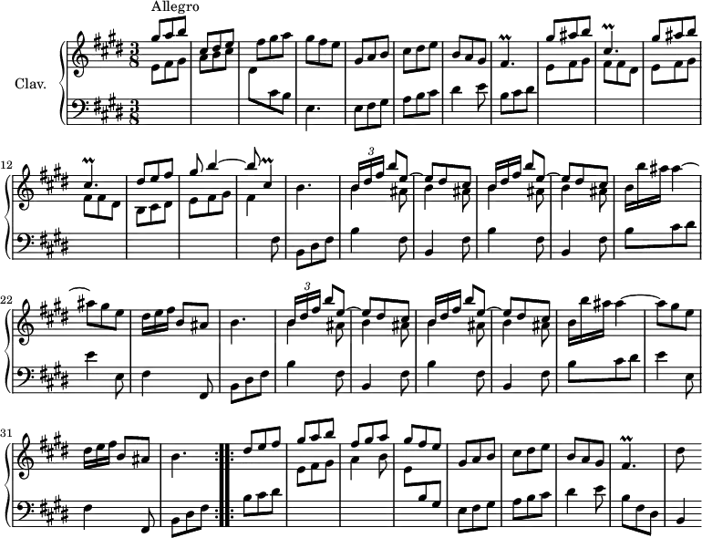
\version "2.18.2"
\header {
  tagline = ##f
  % composer = "Domenico Scarlatti"
  % opus = "K. 163"
  % meter = "Allegro"
}
%% les petites notes
trillFisp      = { \tag #'print { fis4.\prall } \tag #'midi { gis32 fis gis fis~ fis4 } }
trillCispDown  = { \tag #'print { cis,4.\prall } \tag #'midi { dis32 cis dis cis~ cis4 } }
trillCisDown   = { \tag #'print { cis,4\prall } \tag #'midi { dis32 cis dis cis~ cis8 } }
upper = \relative c'' {
  \clef treble 
  \key e \major
  \time 3/8
  \tempo 4. = 72
   \repeat volta 2 {
      s8*0^\markup{Allegro}
      \stemUp gis'8 a b | cis, dis e \stemNeutral  | fis gis a | gis fis e | gis, a b | cis dis e |
      % ms. 7
      b8 a gis | \trillFisp | \stemUp \repeat unfold 2 { gis'8 ais b \trillCispDown } \stemUp | dis8 e fis | 
      % ms. 14
      gis8 b4^~ | b8 \trillCisDown  \stemNeutral | b4. | 
      \repeat unfold 2 { << { \repeat unfold 2 { \times 2/3 { b16 dis fis } b8[ e,~] | e dis cis \omit TupletNumber } } \\ { \repeat unfold 4 { b4 ais8 } } >> \omit TupletNumber |
      % ms. 21-27
      \times 2/3 { b16 b' ais } ais4~ | ais8 gis e | \times 2/3 { dis16 e fis } b,8[ ais] | b4. } }%repet
      % ms. 33
      \bar ":..:" \stemUp
      dis8 e fis gis a b | fis gis a | gis fis e \stemNeutral | gis, a b | cis dis e | b a gis 
      % ms. 40
      \trillFisp | dis'8
}
lower = \relative c' {
  \clef bass
  \key e \major
  \time 3/8
  \repeat volta 2 {
    % ************************************** \appoggiatura a16  \repeat unfold 2 {  } \times 2/3 { }   \omit TupletNumber 
      s8*0 \stemDown \change Staff = "upper"  e8 fis gis | a b cis | dis, \change Staff = "lower" cis b \stemNeutral | e,4.  | e8 fis gis | a  b cis |
      % ms. 7
      dis4 e8 | b cis dis | \stemDown \change Staff = "upper" \repeat unfold 2 { e8 fis gis | fis fis dis } |  b8 cis dis \stemDown \change Staff = "upper" |
      % ms. 14
      e8 fis gis | fis4 \stemNeutral \change Staff = "lower" fis,8 | \repeat unfold 2 { b, dis fis | \repeat unfold 2 { b4 fis8 | b,4 fis'8 }
      % ms. 21-27
      b8 cis dis | e4 e,8 | fis4 fis,8 } | b8 dis fis }%repet
      % ms. 33
      b8 cis dis \stemDown \change Staff = "upper"  | e fis gis | a4 b8 | e, \stemNeutral \change Staff = "lower" b gis | e fis gis | a b cis | dis4 e8 |
      % ms. 40
       b8 fis dis | b4
}
thePianoStaff = \new PianoStaff <<
    \set PianoStaff.instrumentName = #"Clav."
    \new Staff = "upper" \upper
    \new Staff = "lower" \lower
  >>
\score {
  \keepWithTag #'print \thePianoStaff
  \layout {
      #(layout-set-staff-size 17)
    \context {
      \Score
     \override TupletBracket.bracket-visibility = ##f
     \override SpacingSpanner.common-shortest-duration = #(ly:make-moment 1/2)
      \remove "Metronome_mark_engraver"
    }
  }
}
\score {
  \unfoldRepeats
  \keepWithTag #'midi \thePianoStaff
  \midi { \set Staff.midiInstrument = #"harpsichord" }
}
