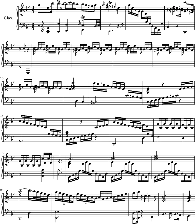 
\version "2.18.2"
\header {
  tagline = ##f
  % composer = "Jean-Philippe Rameau"
  % opus = "La Dauphine"
}
%% les petites notes
trillBesqp     = { \tag #'print { bes8.\prall } \tag #'midi { \times 2/3 { bes32 c bes~ } bes8 } }
trillCqp       = { \tag #'print { c8.\trill } \tag #'midi { d32 c d c~ c16 } }
trillFisb      = { \tag #'print { fis2\trill } \tag #'midi { \repeat unfold 2 { g32 fis g fis~ } fis4 } }
appoED         = { \tag #'print { \appoggiatura e8 d4 } \tag #'midi { e8   \tempo 4 = 60 d8   \tempo 4 = 96 } }
appoAG         = { \tag #'print { \appoggiatura a8 g4 } \tag #'midi { a8   \tempo 4 = 60 g8   \tempo 4 = 96 } }
trillGBqp      = { \tag #'print { < g bes >8.\prall } \tag #'midi { << { \times 2/3 { bes32 c bes~ } bes8 } \\ { g8. } >> } }
upper = \relative c'' {
  \clef treble 
  \key g \minor
  \time 3/4
  %\override Staff.TimeSignature.style = #'single-digit
  \tempo 4 = 96
      \partial 4. g'8[ d8. bes'16] | \trillBesqp a16~ a c bes a a g fis g | \appoggiatura g8 \trillFisb \appoED | g16 d bes g g d  \stemUp  \change Staff = "lower"  bes g s4 \stemNeutral   \change Staff = "upper" |
      % ms. 5
      r8 r16 < c' ees >16 < bes d >8. < a c >16 \trillGBqp < fis a >16 | < g bes >2 \appoAG |
      \repeat unfold 2 { s16 g16 bes g s16 bes16 d bes s16 g16 bes g | s16 fis a fis s16 a16 c a s16 fis a fis } |
      % ms. 10
      s16 g16 bes g  s16 f a f s16 ees g ees | < d fis a d >2. | d'16 c b a g f ees d   \stemUp  \change Staff = "lower"  c b a g \stemNeutral   \change Staff = "upper"  | < g c ees >4 r4 d'16 ees f g |
      c16 bes a g f ees d c  \stemUp  \change Staff = "lower"   bes a g f | < f bes d >4 \stemNeutral   \change Staff = "upper"   r4 c'16 d ees f | bes a g f ees d c bes f' d \stemUp  \change Staff = "lower" bes f \stemNeutral   \change Staff = "upper"  | \repeat unfold 4 { g'16 bes, } \repeat unfold 2 { f' bes, } |
      % ms. 19
      \repeat unfold 4 { g'16 bes, } \repeat unfold 2 { c' ees, } | <f a >2. | << { bes2. | < bes d > | < bes d f > } \\ { < d, f >4 s2 | f4  } >>
      % ms. 24
      < d' f bes >2~  bes'16. a32 g f ees d |   \tempo 4 = 72 \times 2/6 { g16[ f ees d c bes] } \times 2/6 { ees d c bes a g } \tempo 4 = 102 a16 f g a bes c d ees \tempo 4 = 96 | f8. g16 r16 c,16~ c4 bes8 < d, f bes >2.  \bar "||"	 < d g bes >4.
}
lower = \relative c' {
  \clef bass
  \key g \minor
  \time 3/4
    % ************************************** \appoggiatura a16  \repeat unfold 2 {  } \times 2/3 { }   \omit TupletNumber 
      r8   \clef treble < bes d g >4 | < c ees' > < d d' > << { \appoggiatura d'8 \stemUp \trillCqp bes32 c | d2 b4\rest } \\ { ees,4 | d2. } >>  \stemDown \clef bass | s2 d,16 bes g g' \stemNeutral |
      % ms. 5
      c,4 d d, | g2 g,4 | \stemDown \change Staff = "upper" \repeat unfold 2 { 
      < g''' bes >16 s8. < bes d >16 s8. < g bes >16 s8. | < fis a >16 s8. < a c >16 s8. < fis a >16 s8. } | < g bes >16 s8. < f! a >16 s8. < ees g >16 s8. |
      d4     \stemNeutral \change Staff = "lower"  d, c | b2. | c16 d ees f  g a b c r4 |
      % ms. 15
      a,2. | \stemDown bes16 c d ees \stemNeutral f g a bes r4 | d,,2 d'4 | ees2 d4 |
      % ms. 19
      ees2 < c g' c >4 | < f c' >2. | \repeat unfold 3 { bes,16 d f bes \stemDown \change Staff = "upper" d f d \change Staff = "lower" bes f d bes f' }
      % ms. 24
      d,2 d'4 | < ees, ees' >2. | < d d' >8. < ees ees' >16 << { f'2 } \\ { r4 f,4 } >> | bes4. c8 bes8. a16 | g4.
}
thePianoStaff = \new PianoStaff <<
    \set PianoStaff.instrumentName = #"Clav."
    \new Staff = "upper" \upper
    \new Staff = "lower" \lower
  >>
\score {
  \keepWithTag #'print \thePianoStaff
  \layout {
      #(layout-set-staff-size 17)
    \context {
      \Score
     \override TupletBracket.bracket-visibility = ##f
     \override SpacingSpanner.common-shortest-duration = #(ly:make-moment 1/2)
      \remove "Metronome_mark_engraver"
    }
  }
}
\score {
  \keepWithTag #'midi \thePianoStaff
  \midi { \set Staff.midiInstrument = #"harpsichord" }
}
