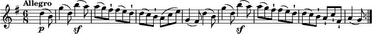 
\relative c'' {
    \version "2.18.2"
    \key g \major
    \tempo "Allegro"
    \time 6/8
    \tempo 4 = 130
  s4. d4\p (b8)
  g'4 (d8) b'4\sf (a8)
  a (g) fis-! fis (e) d-!
  d (c) b-! a (c e)
  g,4 (fis8) d'4 (b8)
  g'4 (d8) b'4 \sf (a8)
  a (g) fis-! fis (e) d-!
  d (c) b-! a-! c-! fis,-!
  a4 (g8) \bar ":|."
}
