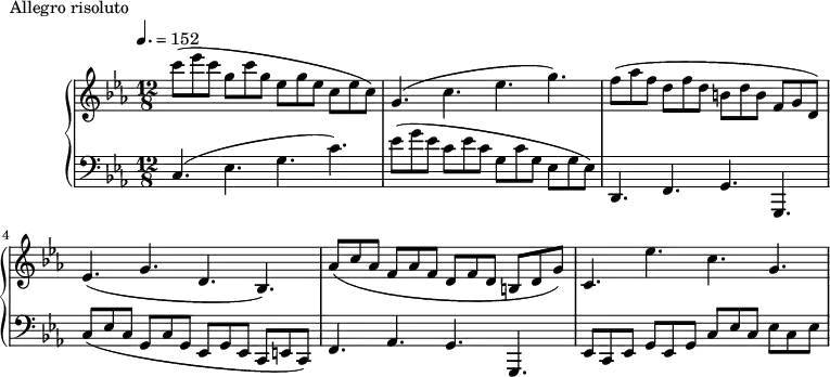 
\version "2.18.2"
\header {
  tagline = ##f
}
upper = \relative c'' {
  \clef treble 
  \key c \minor
  \time 12/8
  \tempo 4. = 152
  %\autoBeamOff
   %%Montgeroult — Étude 29 (pdf p. )
   c'8( ees c g c g ees g ees c ees c) g4.( c ees g)
   f8( aes f d f d b! d b f g d)
   ees4.( g d bes)
   aes'8( c aes f aes f d f d b! d g)
   c,4. ees' c g
}
lower = \relative c {
  \clef bass
  \key c \minor
  \time 12/8
   c4.( ees g c) ees8( g ees c ees c g c g ees g ees)
   d,4. f g g,
   c'8( ees c g c g ees g ees c e! c)
   f4. aes g g,
   ees'8 c ees g ees g c ees c ees c ees
}
  \header {
    piece = "Allegro risoluto"
  }
\score {
  \new PianoStaff <<
    \new Staff = "upper" \upper
    \new Staff = "lower" \lower
  >>
  \layout {
    \context {
      \Score
    }
  }
  \midi { }
}
