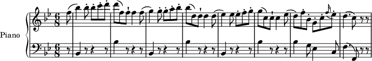 
\version "2.18.2"
\header {
  tagline = ##f
}
upper = \relative c'' {
  \clef treble
  \key bes \major
  \time 6/8
  \tempo 4 = 150
  \tempo "Allegro"
  \set Staff.midiInstrument = #"piano"
    \partial8 f8
    (bes4) bes8-. bes-. c-. d-.
    d (f,) f-! f4 f8
    (g4) g8-. g-. a-. bes-.
    bes (d,) d-! d4 d8
    (ees4) ees8 ees-. f-. g-.
    g (c,) c-! c4 ees8
    (d) f-. bes,-. g-. c-. \grace f16 (ees8-.)
    d4. (c8) r8 r
}
lower = \relative c {
  \clef bass
  \key bes \major
  \time 6/8
  \set Staff.midiInstrument = #"piano"
   \partial8 r8 
   bes4 r8 r4 r8
   bes'4  r8 r4 r8
   bes,4 r8 r4 r8
   bes'4  r8 r4 r8
   bes,4 r8 r4 r8
   bes'4  r8 r4 r8
   bes4 g8 ees4 c8
   f4. (f,8) r r
 }
\score {
  \new PianoStaff <<
    \set PianoStaff.instrumentName = #"Piano"
    \new Staff = "upper" \upper
    \new Staff = "lower" \lower
  >>
  \layout {
    \context {
      \Score
      \remove "Metronome_mark_engraver"
    }
  }
  \midi { }
}
