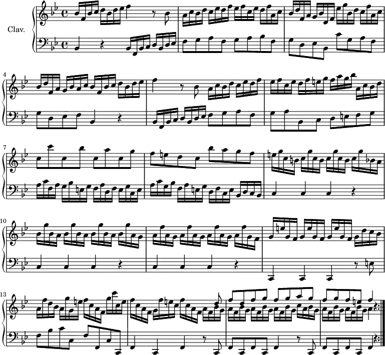 
\version "2.18.2"
\header {
  tagline = ##f
  % composer = "Domenico Scarlatti"
  % opus = "K. 70"
  % meter = ""
}
%% les petites notes
%trillBesp     = { \tag #'print { bes4.\prall } \tag #'midi { c32 bes c bes~ bes4 } }
upper = \relative c'' {
  \clef treble 
  \key bes \major
  \time 4/4
  \tempo 4 = 102
  \set Staff.midiInstrument = #"harpsichord"
  \override TupletBracket.bracket-visibility = ##f
  \repeat volta 2 {
      %s8*0^\markup{Allegro}
      bes16 f bes c d bes d ees f4 r8 bes,8 | a16 c bes d c ees d f ees f c ees d f a, c |
      % ms. 3
      bes16 d f, a g bes d, f ees' g bes, d c f a, c | bes d f, a g bes a c bes f bes c d bes d ees | f4 r8 bes,8 a16 c bes d c ees d f | 
      % ms. 6
      ees16 f c ees d f e g f a g bes| a, c bes d | c8 c' c, bes' c, a' c, g' | f e d c bes' a g f |
      % ms. 9
      e16 g c, b \repeat unfold 2 { c g' c, b } c g' bes, a | \repeat unfold 3 { bes g' bes, a } bes g' a, g | \repeat unfold 3 { a f' a, g } a f' g, f 
      % ms. 12
      \repeat unfold 3 { g16 e' g, f } g16 d' c bes | a f' d bes a g' g, e' f c a f g' c c, e | f c a f g f' e c f c a f 
      % ms. 14 suite
      << { s8 d'8 | f d f g f g a g | f g f e f4 b,4\rest } \\ { \repeat unfold 4 { a16 f bes g } c a bes g \repeat unfold 2 { a16 f bes g } a4 } >> }%repet
}
lower = \relative c' {
  \clef bass
  \key bes \major
  \time 4/4
  \set Staff.midiInstrument = #"harpsichord"
  \override TupletBracket.bracket-visibility = ##f
  \repeat volta 2 {
    % ************************************** \appoggiatura a16  \repeat unfold 2 {  } \times 2/3 { }   \omit TupletNumber 
      bes,4 r4 bes16 f bes c d bes d ees | f8  g a f g a bes f |
      % ms. 3
      g8 d ees bes c' g a f | g d ees f bes,4 r4 | bes16 f bes c d bes d ees f8  g a f |
      % ms. 6
      g8 a bes, c d e f g  | a16 c f, a g bes e, g f a d, f e g c, e | a c g bes f a e g d f c e bes d c bes |
      % ms. 9
      \repeat unfold 3 { c4 c c r4 } | c,4 c c r8 e'8 | f bes c c, f f, c' c, | f4 c f r8 c8 |
      % ms. 12
      f8 c f c f4 r8 c8 | f c f c f4 r4 }%repet
      % ms. 15
}
thePianoStaff = \new PianoStaff <<
    \set PianoStaff.instrumentName = #"Clav."
    \new Staff = "upper" \upper
    \new Staff = "lower" \lower
  >>
\score {
  \keepWithTag #'print \thePianoStaff
  \layout {
      #(layout-set-staff-size 17)
    \context {
      \Score
     \override SpacingSpanner.common-shortest-duration = #(ly:make-moment 1/2)
      \remove "Metronome_mark_engraver"
    }
  }
}
\score {
  \unfoldRepeats 
  \keepWithTag #'midi \thePianoStaff
  \midi { }
}
