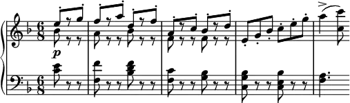 
\version "2.18.2"
\header {
  tagline = ##f
}
upper = \relative c'' {
  \clef treble 
  \key f \major
  \time 6/8
  \tempo 4. = 178 % ± d'après Callas/Votto/RAI 1952
  \tempo "Allegro vivacissimo"
  %\autoBeamOff
 \set Staff.midiInstrument = #"acoustic grand"
  << { e8-.[ r8 g-.] | f-.[ r8 a-.] d,-.[ r8 f-.] | a,-.[ r8 c-.] bes-.[ r8 d-.] } \\ { bes8\p r8 r8  a8 r8 r8  bes8 r8 r8  f8 r8 r8  f8 r8 r8  } >>
  e-. g-. bes-. c-. e-. g-. a4->( < c, c' >8)
}
lower = \relative c' {
  \clef bass
  \key f \major
  \time 6/8
\set Staff.midiInstrument = #"acoustic grand"
   \partial 4. < c e >8 r8 r8 < f f, >8 r8 r8 < bes, d f >8 r8 r8 < f c' >8 r8 r8 < g bes >8 r8 r8 < c, g' bes >8 r8 r8 < c e bes' >8 r8 r8 < f a >4.
} 
\score {
  \new PianoStaff <<
    \set PianoStaff.instrumentName = #""
    \new Staff = "upper" \upper
    \new Staff = "lower" \lower
  >>
  \layout {
    \context {
      \Score
      \remove "Metronome_mark_engraver"
    }
  }
  \midi { }
}
