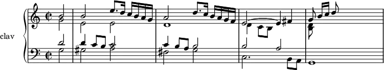 
\version "2.14.2"
\header {
  tagline = ##f
}
upper = \relative c'' {
  \clef treble 
  \key c \major
  \time 2/2
  \tempo 2 = 56
  %\autoBeamOff
    \set Staff.midiInstrument = #"dulcimer"
   \partial 2 << {{ b2 }} \\ {{ g2 }} >>
    << {{ b2 e8. d16 c[ b a g] }} \\ {{ e2 e }} >>
    << {{ a2 d8. c16 b[ a g f] }} \\ {{ d1 }} >>
    << {{ e2~ e4 fis }} \\ {{ d4 c8 b }} >>
    << {{ g'8 b16[ c] d8 }} \\ {{ < d, b >8 }} >>
}
lower = \relative c {
  \clef bass
  \key c \major
  \time 2/2
    \set Staff.midiInstrument = #"dulcimer"
   \partial 2 << {{ d'2 }} \\ {{ g,2 }} >>
    << {{ d'4 c8 b c2 }} \\ {{ gis2 a }} >>
    << {{ c4 b8 a b2 }} \\ {{ fis2 g }} >>
    << {{ b2 a }} \\ {{ c,2. b8 a }} >>
g1
} 
\score {
  \new PianoStaff <<
    \set PianoStaff.instrumentName = #"clav"
    \new Staff = "upper" \upper
    \new Staff = "lower" \lower
  >>
  \layout {
    \context {
      \Score
      \remove "Metronome_mark_engraver"
    }
  }
  \midi { }
}
