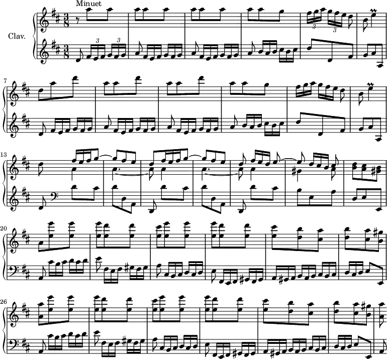 
\version "2.18.2"
\header {
  tagline = ##f
  % composer = "Domenico Scarlatti"
  % opus = "K. 397"
  % meter = "Minuet"
}
%% les petites notes
trillE       = { \tag #'print { e4\prall } \tag #'midi { fis32 e fis e~ e8 } }
upper = \relative c'' {
  \clef treble 
  \key d \major
  \time 3/8
  \tempo 4. = 60
  \set Staff.midiInstrument = #"harpsichord"
  \override TupletBracket.bracket-visibility = ##f
      s8*0^\markup{Minuet}
      r8 \repeat unfold 10 { a'8 } g8 |  \times 2/3 { fis16[ g a] } \times 2/3 { g16[ fis e] } d8 | \omit TupletNumber 
      % ms. 6
      b8 \trillE | d8 a' d | \repeat unfold 2 { a8 a d } | a a g | \times 2/3 { fis16[ g a] } \times 2/3 { g16[ fis e] } d8 |
      % ms. 12
      b8 \trillE | d8 \repeat unfold 2 { << { \override TupletBracket.bracket-visibility = ##f \omit TupletNumber \times 2/3 { fis16 e fis } g8~ | g fis e | d } \\ { a4 | a4.~ | a8 } >> } << { \omit TupletNumber \times 2/3 { fis'16[ e d] } e8~ | e \times 2/3 { d16[ cis b] } cis8 } \\ { a4 | gis4 a8 } >>
      % ms. 19
      < b d >8 < a cis > < gis b > | a8 \repeat unfold 2 { \repeat unfold 2 { < e' e' >8 q | q < e d' > q | < e cis' > }
      % ms. 24 suite
      < d b' >8 < cis a' > | < d b' > < cis a' > < b gis' > < a a' > }
}
lower = \relative c' {
  \clef bass
  \key d \major
  \time 3/8
  \set Staff.midiInstrument = #"harpsichord"
  \override TupletBracket.bracket-visibility = ##f
    % ************************************** \appoggiatura a16  \repeat unfold 2 {  } \times 2/3 { }   \omit TupletNumber 
        \clef treble \repeat unfold 2 { d8 \repeat unfold 3 { \times 2/3 { fis16[ e fis] } \times 2/3 { g fis g } | a8 \omit TupletNumber } \times 2/3 { b16[ a b] } \times 2/3 { cis16[ b cis] } | d8 d, fis |
      % ms. 6
      g8  a a, } |
      % ms. 13
      d8    \clef bass  \repeat unfold 2 { d[ cis] | d d, a | d, } d''8[ cis] |
      % ms. 18
      b8 e, a | d, e e, | \repeat unfold 2 { a8 \times 2/3 { cis'16[ b cis] } \times 2/3 { d16[ cis d] } | e8 \times 2/3 { fis,16[ e fis] } \times 2/3 { gis16[ fis gis] } | a8 \times 2/3 { cis,16[ b cis] } \times 2/3 { d16[ cis d] } | e8 \times 2/3 { fis,16[ e fis] } \times 2/3 { gis16[ fis gis] } |
      % ms. 24
      \times 2/3 { a16[ gis a] } \times 2/3 { b16[ a b] } | \times 2/3 { cis16[ b cis] } | \times 2/3 { d16[ cis d] } e8 e, } | a8
}
thePianoStaff = \new PianoStaff <<
    \set PianoStaff.instrumentName = #"Clav."
    \new Staff = "upper" \upper
    \new Staff = "lower" \lower
  >>
\score {
  \keepWithTag #'print \thePianoStaff
  \layout {
      #(layout-set-staff-size 17)
    \context {
      \Score
     \override SpacingSpanner.common-shortest-duration = #(ly:make-moment 1/2)
      \remove "Metronome_mark_engraver"
    }
  }
}
\score {
  \keepWithTag #'midi \thePianoStaff
  \midi { }
}
