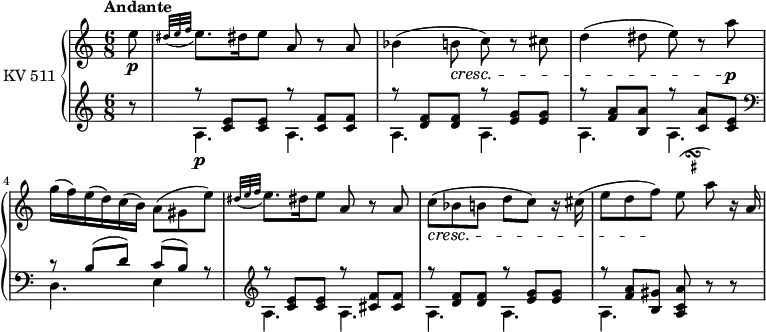 
\version "2.14.8"
\header {
  tagline = ##f
}
upper= \relative c' {
  \clef treble 
  \key c \major
  \time 6/8 
  \tempo "Andante"
  \tempo 4 = 60
  \set Staff.midiInstrument = #"piano"
   \partial 8 e'8\p 
   \grace { dis32 (e f } e8.) [dis!16 e8] a, r a
   bes4 (b8\cresc c) r cis
   d4 (dis8 e) r a\p
   g16 (f) e (d) c (b) a8 (gis e')
   \grace { dis32 (e f } e8.) [dis!16 e8] a, r a
   c8\cresc (bes b d c) r16 cis16
   (e8 d f)\! \transpose d e \relative c'' <<
         { d8 ( g) }
         {
           s16
           \once \set suggestAccidentals = ##t
           \once \override AccidentalSuggestion.outside-staff-priority = ##f
           \once \override AccidentalSuggestion.avoid-slur = #'inside
           \once \override AccidentalSuggestion.font-size = -3
           \once \override AccidentalSuggestion.script-priority = -1
           \single \hideNotes
           b16-\turn \noBeam
           s8
} >> r16 a,16
}
lower=\relative c' {
  \clef bass
  \key c \major
  \time 6/8
  \set Staff.midiInstrument = #"piano"
   \set Staff.midiMinimumVolume = #0.1 
   \set Staff.midiMaximumVolume = #0.4 
   \partial 8 \clef treble r8
   <<  { r8 \stemUp <c e>  <c e> r <c f>  <c f> r  <d f>  <d f> r <e g>  <e g> r  <f a>  <b, a'> r <c a'>  <c e> } \\ {\stemDown a4.\p a a a a a}>> 
   \clef bass <<  { r8 \stemUp b (d)   c (b) r }  \\ {\stemDown d,4. e4 s8} >>
   \clef treble
   <<  { r8 \stemUp <c' e>  <c e> r <cis f>  <cis f> r  <d f>  <d f> r <e g>  <e g> r  <f a>  <b, gis'> <a c a'>  } \\ {\stemDown a4. a a a a } >> r8 r
} 
\score {
       \new PianoStaff \with { instrumentName = #"KV 511" }
       <<
         \new Staff = "upper" \upper
         \new Staff = "lower" \lower
       >>
\layout { }
\midi { } }
