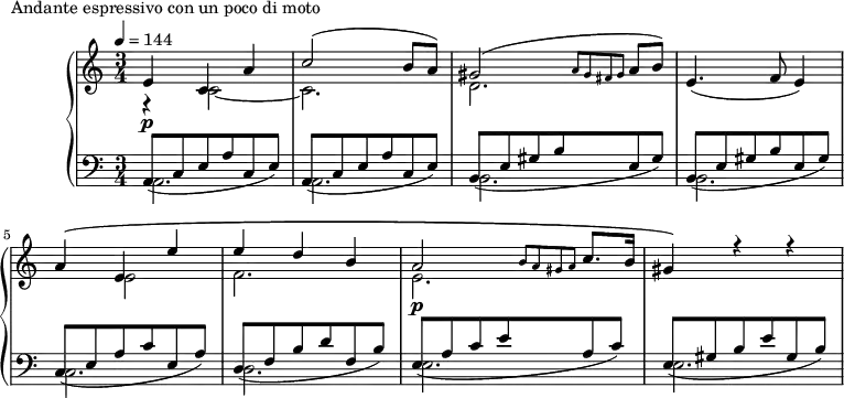 
\version "2.18.2"
\header {
  tagline = ##f
}
upper = \relative c' {
  \clef treble 
  \key a \minor
  \time 3/4
  \tempo 4 = 144
  %\autoBeamOff
   %%Montgeroult — Étude 38 (pdf p. 93)
   << { e4\p c a' c2( b8 a) gis2( \grace { a8 gis fis gis } a8 b) } \\ { r4 c,2~ c2. d } >> e4.( f8 e4)
   << { a4\( e e' e d b a2\p \grace { b8 a gis a } c8. b16 gis4\) r4 r4 } \\ { s4 e2 f2. e } >>
}
lower = \relative c {
  \clef bass
  \key a \minor
  \time 3/4
   << { \repeat unfold 2 { a8_( c e a c, e) } \repeat unfold 2 { b8_( e gis b e, gis) } c,8_( e a c e, a)  d,_( f b d f, b)  e,_( a c e a, c)  e,_( gis b e gis, b) } \\ { a,2. a b b c d e e } >>
}
  \header {
    piece = "Andante espressivo con un poco di moto"
  }
\score {
  \new PianoStaff <<
    \new Staff = "upper" \upper
    \new Staff = "lower" \lower
  >>
  \layout {
    \context {
      \Score
    }
  }
  \midi { }
}
