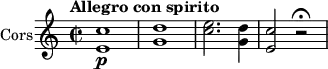 
\version "2.18.2"
 \new Staff \with { instrumentName = #"Cors"}
 \relative c' {
    \key c \major 
    \time 2/2
    \tempo "Allegro con spirito"
    \tempo 4 = 120
    <e c'>1 \p <g d'> <c e>2. <g d'>4 <e c'>2 r2 \fermata
 }

