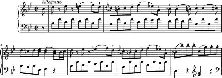 
\version "2.18.2"
\header {
  tagline = ##f
}
upper = \relative c'' {
  \clef treble
  \key bes \major
  \tempo "Allegretto"
  \time 2/2
  \tempo 4 = 120
   \partial 8 bes8^\markup{ \italic {Allegretto} } d r ees r e4 (f8) d-! 
  \grace d16 (c8-.) b-. c-. d-. f4 (ees!8) a,-!
  bes!-! bes 4 (b8) c-! c4 (cis8)
  d c! d <c ees> <bes d>4 (<a c>8) bes16 c
  d8 r ees r e4 (f8) d-!
  \grace d16 (c8-.) b-. c-. d-. f4 (ees!8) a,-!
  bes!8 (bes') bes-. bes-. c, (g') g-. g-.
}
lower =\relative c' {
  \clef bass
  \key bes \major
  \set Staff.midiMinimumVolume = #0.2 \set Staff.midiMaximumVolume = #0.5
  \partial 8  r8 
  bes f' c f d f bes, f'
  a, f' bes, f' c f ees f
  d f d f a, f' a,f'
  bes, a bes ees, f4 r
  bes8 f' c f d f bes, f'
  a, f' bes, f' c f ees f
  d,4 r \clef treble <ees'g>4 r  \clef bass
}
\score {
  \new PianoStaff <<  
    \new Staff = "upper" \upper
    \new Staff = "lower" \lower
  >>
  \layout {
    \context {
      \Score
      \remove "Metronome_mark_engraver"
    }
  }
  \midi { }
}
