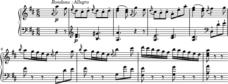 
\version "2.18.2"
\header {
  tagline = ##f
}
upper = \relative c' {
         \clef "treble"
         \tempo "Allegro"
         \key d \major
         \time 6/8
         \tempo 4 = 100
         \set Staff.midiInstrument = #"piano"
        s4. \grace a'16^\markup{\italic {Rondeau : Allegro}} (a'4)\p fis8
        \grace e16 (d8) cis-. d-.  \grace e16 (d8) cis-. d-.
        <d fis>4 (<cis e>8)  \grace g16 (g'4) e8
        \grace d16 (cis8) b-. cis-.  a-. e'-. a-.
        <e g>4 (<d fis>8)  \grace d16 (fis4) g8
        \grace b16 (a8) g16 fis e d  \grace d16 (fis4) g8
        \grace b16 (a8) g16 fis e d  \grace d16 (b'4) cis8
        d16 cis b a g fis b a g fis e d
        <cis e a>8 r r
}
lower = \relative c' {
         \clef "bass"
         \key d \major
         \set Staff.midiInstrument = #"piano"
     s4. r4 r8 \clef "treble"
     <d fis>4. \p <b gis'>
     <a a'> r4 r8
     <a e'>4. <cis e>
     <d a>  \clef "bass" d,8-! d'-! e-!
     fis r r d, d' e
     fis r r g, g' e
     <fis, fis'> r r  < g g'> r r
     <a a'> r r
}
\score {
  \new PianoStaff <<
    \new Staff = "upper" \upper
    \new Staff = "lower" \lower
  >>
  \layout {
    \context {
      \Score
      \remove "Metronome_mark_engraver"
    }
  }
  \midi { }
}
