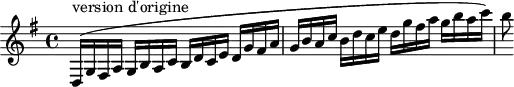 
\version "2.18.2"
\header {
  tagline = ##f
  % composer = "Mozart"
  % opus = ""
  % meter = "Allegro"
}
\score {
<<
  \relative c'' {
    \key g \major
    \time 4/4
    \tempo 4 = 110
    \override TupletBracket #'bracket-visibility = ##f 
     %%%%%%
     d,,16(^"version d'origine" g fis a g b a c b d c e d g fis a g b a c b d c e d g fis a g b a c) b8
  }
>>
  \layout {
     #(layout-set-staff-size 17)
     \context { \Score \remove "Metronome_mark_engraver" 
     \override SpacingSpanner.common-shortest-duration = #(ly:make-moment 1/2)
     }
  }
  \midi { \set Staff.midiInstrument = #"clarinet" }
}
