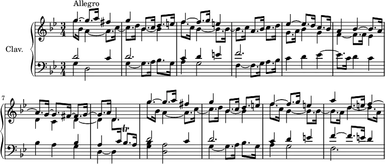 
\version "2.18.2"
\header {
  tagline = ##f
  % composer = "Domenico Scarlatti"
  % opus = "K. 8"
  % meter = "Allegro"
}
%% les petites notes
trillBesqp     = { \tag #'print { bes8.\trill } \tag #'midi { c32 bes c bes~ bes16 } }
upper = \relative c'' {
  \clef treble 
  \key g \minor
  \time 3/4
  \tempo 4 = 72
  \set Staff.midiInstrument = #"harpsichord"
  \override TupletBracket.bracket-visibility = ##f
      s8*0^\markup{Allegro}
      << { \mergeDifferentlyDottedOn g'4~ g8. a16 fis4 | g4 bes,8. c16 d8. e16 | f4~ f8. g16 e4 } 
      \\ { g8. bes,16 a4~ a8. c16~ | c8. d16 bes4~ bes | f'8. c16 bes4~ bes8. bes16~ | bes8. c16 } >> a8. bes16 c8. d16 |
      % ms. 5
      << { ees4~ ees8. d16 c8. bes16 | a4 bes4~ bes8. a16~ | a8. g16~ g8. fis16~ fis8. g16~ | g8. a16 d,4 } 
      \\ { g8. a16 bes4 g | f4~ f8. f16 ees4 | d c  d4~ | d d8. \stemUp \change Staff = "lower" c16 } >> s4  \change Staff = "upper" |
      % ms. 9
      << { g''4~ g8. a16 fis4 | g4 bes,8. c16 d8. e16 | f4~ f8. g16 e4 | a d,8. e16 f4~ \hideNotes f16*0 } 
      \\ { g8. bes,16 a4~ a8. c16~ | c8. d16 bes4~ bes | f'8. c16 bes4~ bes8. bes16~ | bes8. a16 d4~ d8. a16 } >>
      % ms. 16
      % ms. 21
}
lower = \relative c' {
  \clef bass
  \key g \minor
  \time 3/4
  \set Staff.midiInstrument = #"harpsichord"
  \override TupletBracket.bracket-visibility = ##f
    % ************************************** \appoggiatura a8  \repeat unfold 2 {  } \times 2/3 { }   \omit TupletNumber 
      << { d2 c4 | d2. | c4 d e | f2. } 
      \\ { g,4 d2 | g4~ g8. a16 bes8. g16 | a4 g2 | f4~ f8. g16 a8. bes16 } >>
      % ms. 5
      c4 d ees4~ | ees8. c16 d4 c | bes a << { bes4 | a s4 \trillBesqp a16 } \\ { g4 | d~ d } >>
      % ms. 9
      << { d'2 c4 | d2. | c4 d e | f4~ f8. e16 d4 } 
      \\ { < g, bes >4 < d a' >2 | g4~ g8. a16 bes8. g16 | a4 g2 | f2. } >>
      % ms. 16
      % ms. 21
}
thePianoStaff = \new PianoStaff <<
    \set PianoStaff.instrumentName = #"Clav."
    \new Staff = "upper" \upper
    \new Staff = "lower" \lower
  >>
\score {
  \keepWithTag #'print \thePianoStaff
  \layout {
      #(layout-set-staff-size 17)
    \context {
      \Score
     \override SpacingSpanner.common-shortest-duration = #(ly:make-moment 1/2)
      \remove "Metronome_mark_engraver"
    }
  }
}
\score {
  \keepWithTag #'midi \thePianoStaff
  \midi { }
}
