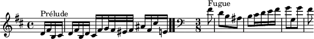 
\version "2.18.2"
\header {
  tagline = ##f
}
\score {
  \new Staff \with {
  }
<<
  \relative c' {
    \key b \minor
    \time 4/4
	\set Staff.midiInstrument = #"harpsichord" 
     %% INCIPIT CBT II-24, BWV 893, si mineur
     \partial 4
     s4*0^\markup{Prélude} d16 fis b, cis d fis b, d cis fis g32 fis eis fis ais16 fis cis' e, \bar ".."
      \skip 8*1
      \override Staff.Clef.extra-offset = #'( -1 . 0 )
      \clef bass
     \time 3/8 \partial 8
     s4*0^\markup{Fugue} fis8 d b ais b cis16 d e fis g8 g, g' fis
  }
>>
  \layout {
     #(layout-set-staff-size 17)
     \context { \Score \remove "Metronome_mark_engraver"
     \override SpacingSpanner.common-shortest-duration = #(ly:make-moment 1/2) 
       }
  }
  \midi {}
}
