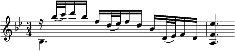 
\header {
  tagline = ##f
}
\score {
  \new Staff \with {
  }
<<
  \relative c'' {
    \key bes \major
    \time 3/4
    \override TupletBracket #'bracket-visibility = ##f 
    \autoBeamOff
     %%%%%%%%%%%%%%%%%%%%%%%%%% K15
    << { r16 bes'32[_( c) d16 bes] f16[ d32_( ees) f16 d] } \\ { bes,4. } >> 
    bes'16[ d,32_( ees) f16 d] < ees' f, a, >4.
  }
>>
  \layout {
    \context {
      \remove "Metronome_mark_engraver"
    }
  }
  \midi {}
}
