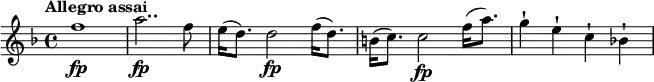 
\relative c'' {
  \version "2.18.2"
  \tempo "Allegro assai"
  \time 4/4
  \tempo 4 = 130
  \key f \major
  f1\fp |
  a2..\fp f8 |
  e16 (d8.) d2\fp f16 (d8.) |
  b16 (c8.) c2\fp f16 (a8.) |
  g4-! e-! c-! bes!-! |
}
