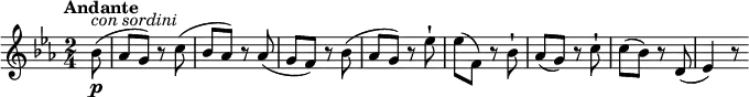 
\relative c''' {
  \version "2.18.2"
  \tempo "Andante"
  \key ees \major
  \time 2/4
  \partial 4 \partial 8 bes,8\p^\markup { \italic {con sordini} } (aes g) r8
  c8 (bes aes) r8
  aes (g f) r8 bes (aes g) r8
  ees'-! ees (f,) r8 bes-!
  aes (g) r8 c-!
  c (bes) r8
  d, (ees4) r8
}
