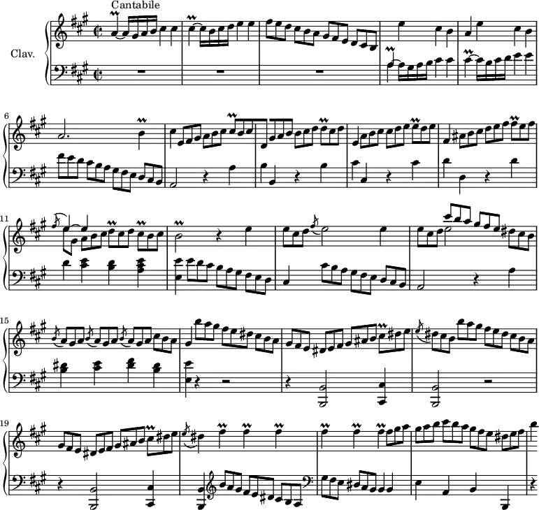 
\version "2.18.2"
\header {
  tagline = ##f
  % composer = "Domenico Scarlatti"
  % opus = "K. 536"
  % meter = "Cantabile"
}
%% les petites notes
trillA         = { \tag #'print { a4\prall~ } \tag #'midi { b32 a b a~ a8~ } }
trillCis       = { \tag #'print { cis4\prall~ } \tag #'midi { d32 cis d cis~ cis8~ } }
trillB         = { \tag #'print { b4\prall } \tag #'midi { cis32 b cis b~ b8 } }
trillCisq      = { \tag #'print { cis8\prall[ } \tag #'midi { d32 cis d cis } }
trillDq        = { \tag #'print { d8\prall } \tag #'midi { e32 d e d } }
trillEq        = { \tag #'print { e8\prall } \tag #'midi { fis32 e fis e } }
trillFisq      = { \tag #'print { fis8\prall } \tag #'midi { gis32 fis gis fis } }
trillBb        = { \tag #'print { b2\prall } \tag #'midi { cis32 b cis b~ b8~ b4 } }
trillFis       = { \tag #'print { fis4\prall } \tag #'midi { gis32 fis gis fis~ fis8 } }
trillCisDisq   = { \tag #'print { cis8\prall[ } \tag #'midi { dis32 cis dis cis } }
upper = \relative c'' {
  \clef treble 
  \key a \major
  \time 2/2
  \tempo 2 = 66
  \set Staff.midiInstrument = #"harpsichord"
  \override TupletBracket.bracket-visibility = ##f
      s8*0^\markup{Cantabile}
      \trillA a16 gis a b cis4 cis \trillCis cis16 b cis d e4 e | 
      \omit TupletNumber \times 2/3 { fis8 e d } \times 2/3 { cis8[ b a] } \times 2/3 { gis8 fis e } \times 2/3 { d8[ cis b] } |
      % ms. 4
      s4 e'4 cis b | a e' cis b | a2. \trillB | cis4 \times 2/3 { e,8 fis gis } \times 2/3 { a8[ b cis] } \times 2/3 { \trillCisq b8 cis }
      % ms. 8
      d,4 \times 2/3 { gis8[ a b] } \times 2/3 { b8[ cis d] } \times 2/3 { \trillDq cis8 d } | e,4 \times 2/3 { a8[ b cis] } \times 2/3 { cis8[ d e] } \times 2/3 { \trillEq d8 e } | fis,4  \times 2/3 { ais8 b cis } \times 2/3 { d8[ e fis] } \times 2/3 { \trillFisq e8 fis } |
      % ms. 11
      << { \acciaccatura fis8 \stemUp e4~ e } \\ { e8 gis, \omit TupletNumber \times 2/3 { a8[ b cis] } } >> \times 2/3 { \trillDq cis d } \times 2/3 { \trillCisq b8 cis] } | \trillBb r4 e4 | \times 2/3 { e8[ cis d] } \acciaccatura fis8 e2 e4 |
      % ms. 14
      \times 2/3 { e8[ cis d] } << { \omit TupletNumber \times 2/3 { cis' b a } \times 2/3 { gis8[ fis e] } } \\ { e2 } >> \times 2/3 { dis8 cis b } | \repeat unfold 3 { \times 2/3 { \acciaccatura b8 a8[ gis a] } } \times 2/3 { cis8[ b a] } | gis4 \times 2/3 { b'8[ a gis] } \times 2/3 { fis8 e dis } \times 2/3 { cis8[ b a] }
      % ms. 17
      \times 2/3 { gis8 fis e } \times 2/3 { dis8[ e fis] } \times 2/3 { gis8 ais b } \times 2/3 { \trillCisDisq dis e] } |
      \times 2/3 { \acciaccatura e8 dis8 cis b } \times 2/3 { b'8[ a gis] } \times 2/3 { fis8 e dis } \times 2/3 { cis8[ b a] } |
      \times 2/3 { gis8 fis e } \times 2/3 { dis8[ e fis] } \times 2/3 { gis8 ais b } \times 2/3 { \trillCisDisq dis e] } |
      % ms. 20
      \acciaccatura e8 dis4 \repeat unfold 6 { \trillFis } \times 2/3 { fis8 gis a } | \times 2/3 { gis8[ a b] } \times 2/3 { cis8 b a } \times 2/3 { gis8[ fis e] }  \times 2/3 { dis8[ e fis] } |
      % ms. 23
      b4
}
lower = \relative c' {
  \clef bass
  \key a \major
  \time 2/2
  \set Staff.midiInstrument = #"harpsichord"
  \override TupletBracket.bracket-visibility = ##f
    % ************************************** \appoggiatura a16  \repeat unfold 2 {  } \times 2/3 { }   \omit TupletNumber 
      R1*3 |
      % ms. 4
      << { \trillA } \\ { a4^~ a16 gis a b cis4 cis } >> \trillCis cis16 b cis d e4 e |  \omit TupletNumber \times 2/3 { fis8 e d } \times 2/3 { cis8[ b a] } \times 2/3 { gis8 fis e } \times 2/3 { d8[ cis b] } | a2 r4 a'4 |  
      % ms. 8
      b4 b, r4 b' | cis cis, r4 cis'4 d d, r4 d'4 | 
      % ms. 11
      d4 < cis e >4 < b d > < a cis e > | < e e' > \times 2/3 { e'8 d cis } | \times 2/3 { b8[ a gis] } \times 2/3 { fis8 e d } | cis4 \times 2/3 { cis'8 b a } | \times 2/3 { gis8[ fis e] } \times 2/3 { d8 cis b }
      % ms. 14
      a2 r4 a'4 | < b dis >4 < cis e > < dis fis > < b dis > | < e, e' > r4 r2 |
      % ms. 17
      r4 < b, b' >2 < cis cis' >4 | < b b' >2 r2 | r4 < b b' >2 < cis cis' >4 |
      % ms. 20
      < b b' >4   \clef treble \times 2/3 { b'''8 a gis } \times 2/3 { fis8[ e dis] } \times 2/3 { cis8 b a } |   \clef bass \times 2/3 { gis8[ fis e] } \times 2/3 { dis8 cis b } b4 b | e a, b b, 
      % ms. 23
      r4 
}
thePianoStaff = \new PianoStaff <<
    \set PianoStaff.instrumentName = #"Clav."
    \new Staff = "upper" \upper
    \new Staff = "lower" \lower
  >>
\score {
  \keepWithTag #'print \thePianoStaff
  \layout {
      #(layout-set-staff-size 17)
    \context {
      \Score
     \override SpacingSpanner.common-shortest-duration = #(ly:make-moment 1/2)
      \remove "Metronome_mark_engraver"
    }
  }
}
\score {
  \keepWithTag #'midi \thePianoStaff
  \midi { }
}
