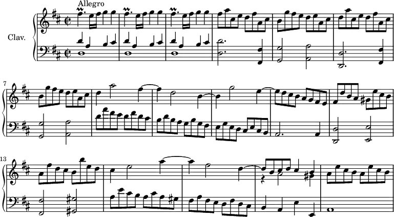 
\version "2.18.2"
\header {
  tagline = ##f
  % composer = "Domenico Scarlatti"
  % opus = "K. 511"
  % meter = "Allegro"
}
%% les petites notes
trillFisp     = { \tag #'print { fis4.\prall } \tag #'midi { g32 fis g fis~ fis4 } }
upper = \relative c'' {
  \clef treble 
  \key d \major
  \time 2/2
  \tempo 2 = 92
  \set Staff.midiInstrument = #"harpsichord"
  \override TupletBracket.bracket-visibility = ##f
      s8*0^\markup{Allegro}
      \repeat unfold 3 { \trillFisp e16 fis g4 g } | fis8 a cis, e d fis a, cis |
      % ms. 5
      b8 g' fis e d e a, cis | d a' cis, e d fis a, cis | b g' fis e d e a, cis | d4 a'2 fis4~ |  fis d2 b4~ |
      % ms. 10
      b4 g'2 e4~ | e8 d cis b a g fis e  | fis d' b a gis e' cis b | a fis' d cis b b' e, d |
      % ms. 14
      cis4 e2 a4~ | a fis2 << { \stemDown d4~ \stemUp | d8 b cis d cis4 b } \\ { s4 r4 a2 gis4 } >> | a8 e' cis b a e' cis b |
      % ms. 18
}
lower = \relative c' {
  \clef bass
  \key d \major
  \time 2/2
  \set Staff.midiInstrument = #"harpsichord"
  \override TupletBracket.bracket-visibility = ##f
    % ************************************** \appoggiatura a16  \repeat unfold 2 {  } \times 2/3 { }   \omit TupletNumber 
      \repeat unfold 3 { << { d4 a b cis } \\ { d,1 } >> } | < d d' >2. < fis, fis' >4
      % ms. 5
      < g g' >2 < a a' > | < d, d' >2. < fis fis' >4 | < g g' >2 < a a' > | d'8 a' fis e d fis d cis | b d b a g b g fis |
      % ms. 10
      e8 g e d cis e cis b | a2. a4 | < d, d' >2 < e e' > | < fis fis' > < gis gis' >
      % ms. 14
      a'8 e' cis b a cis a gis | fis a fis e d fis d cis | b4 a e' e, | a1 |
      % ms. 18
}
thePianoStaff = \new PianoStaff <<
    \set PianoStaff.instrumentName = #"Clav."
    \new Staff = "upper" \upper
    \new Staff = "lower" \lower
  >>
\score {
  \keepWithTag #'print \thePianoStaff
  \layout {
      #(layout-set-staff-size 17)
    \context {
      \Score
     \override SpacingSpanner.common-shortest-duration = #(ly:make-moment 1/2)
      \remove "Metronome_mark_engraver"
    }
  }
}
\score {
  \keepWithTag #'midi \thePianoStaff
  \midi { }
}
