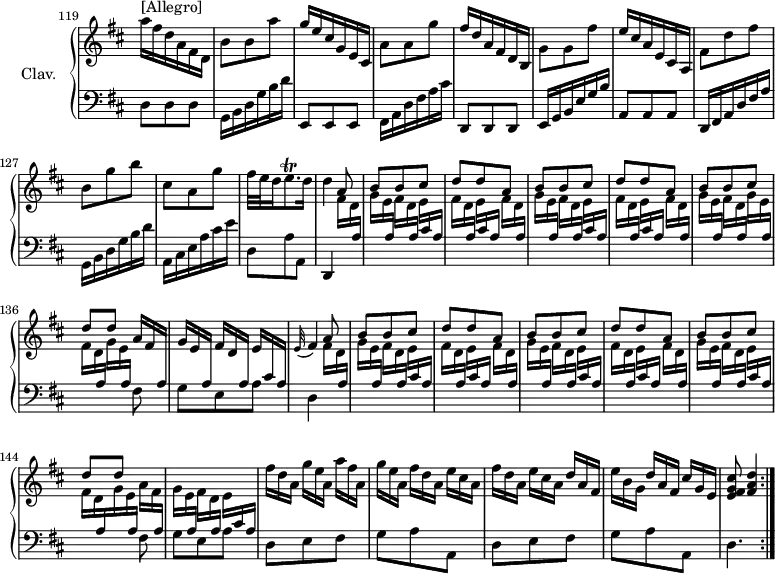 
\version "2.18.2"
\header { 
  tagline = ##f
  % composer = "Domenico Scarlatti"
  % opus = "K. 21"
  % meter = "Allegro"
}
%% les petites notes
trillEqp     = { \tag #'print { e8.\trill } \tag #'midi { fis32 e fis e~ e16 } }
upper = \relative c'' {
  \clef treble 
  \key d \major
  \time 3/8
  \tempo 4 = 86
  \set Staff.midiInstrument = #"harpsichord"
  \override TupletBracket.bracket-visibility = ##f
  \set Score.currentBarNumber = #119
  \omit Staff.TimeSignature
  \omit TupletNumber 
    \bar ""
      s8*0^\markup{[Allegro]}
      a'16 fis d a fis d | b'8 b a' | g16 e cis g e cis | a'8 a g' | fis16 d a fis d b | g'8 g fis' | e16 cis a e cis a | fis'8 d' fis | b, g' b |
      % ms. 128
      cis,8 a g' | fis32 e d16 \trillEqp d16 | d4 \times 2/3 { \stemDown fis,16[ d \stemUp \change Staff = "lower"  a] }  |  
   \repeat unfold 2 { 
     \stemDown \change Staff = "upper" \times 2/3 { g'16 e \stemUp \change Staff = "lower"  a, } 
         \repeat unfold 2 { \stemDown \change Staff = "upper" \times 2/3 { fis'16[ d \stemUp \change Staff = "lower"  a] } \stemDown \change Staff = "upper" \times 2/3 { e'16[ \stemUp \change Staff = "lower" cis a] } 
         }
      \stemDown \change Staff = "upper" \times 2/3 { fis'16 d \stemUp \change Staff = "lower"  a } 
    } \stemDown \change Staff = "upper"  |
      \times 2/3 { g'16[ e \stemUp \change Staff = "lower"  a,] } \stemDown \change Staff = "upper" \times 2/3 { fis'16 d \stemUp \change Staff = "lower"  a } \stemDown \change Staff = "upper" \times 2/3 { g'16[ e \stemUp \change Staff = "lower" a,] } |
      \stemDown \change Staff = "upper" \times 2/3 { fis'16 d \stemUp \change Staff = "lower"  a } \stemDown \change Staff = "upper" \times 2/3 { g'16[ e \stemUp \change Staff = "lower"  a,] } \stemUp \change Staff = "upper" \times 2/3 { a'16 fis \change Staff = "lower" a, } \stemUp \change Staff = "upper" \times 2/3 { g'16[ e \change Staff = "lower" a,] } \stemUp \change Staff = "upper" \times 2/3 { fis'16[ d \change Staff = "lower" a] }  \stemUp \change Staff = "upper" \times 2/3 { e'16[ \change Staff = "lower" cis a] } | \change Staff = "upper" \appoggiatura e'32 fis4
      % ms. 138 fin
      \times 2/3 { \stemDown fis16[ d \stemUp \change Staff = "lower"  a] }  |  
   \repeat unfold 2 { 
     \stemDown \change Staff = "upper" \times 2/3 { g'16 e \stemUp \change Staff = "lower"  a, } 
         \repeat unfold 2 { \stemDown \change Staff = "upper" \times 2/3 { fis'16[ d \stemUp \change Staff = "lower"  a] } \stemDown \change Staff = "upper" \times 2/3 { e'16[ \stemUp \change Staff = "lower" cis a] } 
         }
      \stemDown \change Staff = "upper" \times 2/3 { fis'16 d \stemUp \stemUp \change Staff = "lower"  a } 
    } \stemDown \change Staff = "upper" \times 2/3 { g'16[ e \stemUp \change Staff = "lower" a,] } \stemDown \change Staff = "upper" \times 2/3 { fis'16[ d \stemUp \change Staff = "lower" a] }  \stemDown \change Staff = "upper" \times 2/3 { e'16[ \stemUp \change Staff = "lower" cis a] } |
      \stemDown \change Staff = "upper" \times 2/3 { fis'16 d \stemUp \stemUp \change Staff = "lower"  a }  \stemDown \change Staff = "upper" \times 2/3 { g'16 e \stemUp \change Staff = "lower"  a, }  \stemDown \change Staff = "upper" \times 2/3 { a'16[ fis \stemUp \change Staff = "lower"  a,] } |
      % ms. 145
      \stemDown \change Staff = "upper" \times 2/3 { g'16[ e \stemUp \change Staff = "lower" a,] } \stemDown \change Staff = "upper" \times 2/3 { fis'16[ d \stemUp \change Staff = "lower" a] }  \stemDown \change Staff = "upper" \times 2/3 { e'16[ \stemUp \change Staff = "lower" cis a] } | \stemNeutral \change Staff = "upper" 
      \times 2/3 { fis''16[ d a] } \times 2/3 { g'16[ e a,] } \times 2/3 { a'16[ fis a,] } \times 2/3 { g'16[ e a,] } \repeat unfold 2 { \times 2/3 { fis'16[ d a] } \times 2/3 { e'16[ cis a] } } | \times 2/3 { d16[ a fis] } | \times 2/3 { e'16[ b g] }  \times 2/3 { d'16[ a fis] } \times 2/3 { cis'16[ g e] } | < e fis g cis >8 < fis a d >4 
}
lower = \relative c' {
  \clef bass
  \key d \major
  \time 3/8
  \set Staff.midiInstrument = #"harpsichord"
  \override TupletBracket.bracket-visibility = ##f
  \omit Staff.TimeSignature
    % ************************************** \appoggiatura a8  \repeat unfold 2 {  } \times 2/3 { }   \omit TupletNumber 
      d,8 d d | g,16 b d g b d |e,,8 e e | fis16 a d fis a cis | d,,8 d d | e16 g b e g b | a,8 a a | d,16 fis a d fis a | g, b d g b d |
      % ms. 128
      a,16 cis e a cis e | d,8 a' a, | d,4  \stemUp  \change Staff = "upper"  a'''8  | b b cis | \repeat unfold 2 { d d a | b b cis } | 
      % ms. 136
      d8[ d] \stemNeutral \change Staff = "lower"  fis,,8 | g e a | d,4 \stemUp  \change Staff = "upper"  a''8  | b b cis | \repeat unfold 2 { d d a | b b cis } | d8[ d] \stemNeutral \change Staff = "lower"  fis,,8 |
      % ms. 145
      g8 e a | \repeat unfold 2 { d, e fis | g a a, } | d4. \bar ":|."
}
thePianoStaff = \new PianoStaff <<
    \set PianoStaff.instrumentName = #"Clav."
    \new Staff = "upper" \upper
    \new Staff = "lower" \lower
  >>
\score {
  \keepWithTag #'print \thePianoStaff
  \layout {
      #(layout-set-staff-size 17)
    \context {
      \Score
      \override SpacingSpanner.common-shortest-duration = #(ly:make-moment 1/3)
      \remove "Metronome_mark_engraver"
    }
  }
}
\score {
  \keepWithTag #'midi \thePianoStaff
  \midi { }
}
