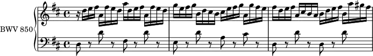 
\version "2.18.2"
\header {
  tagline = ##f
}
upper = \relative c'' {
    \clef treble 
    \key d \major
    \time 4/4
    \tempo 4 = 96
    \set Staff.midiInstrument = #"harpsichord" 
   %% PRÉLUDE CBT I-5, BWV 850, ré majeur
   r16 d16 e fis a, fis' e d a' d, e fis a, fis' e d | g e fis g b, d cis b cis e fis g a, g' fis e | fis d e fis a, cis b a b d e fis b, a' gis fis
}
lower = \relative c {
    \clef bass 
    \key d \major
    \time 4/4
    \set Staff.midiInstrument = #"harpsichord" 
    d8 r8 d' r8 fis,8 r8 d'8 r8 e,8 r8 d'8 r8 a8 r8 cis8 r8 d,8 r8 d'8 r8 d,8 r8 d'8
} 
\score {
  \new PianoStaff <<
    \set PianoStaff.instrumentName = #"BWV 850"
    \new Staff = "upper" \upper
    \new Staff = "lower" \lower
  >>
  \layout {
    \context {
      \Score
      \remove "Metronome_mark_engraver"
      \override SpacingSpanner.common-shortest-duration = #(ly:make-moment 1/3)
    }
  }
  \midi { }
}
