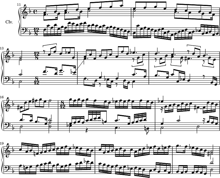 
\version "2.18.2"
\header {
  tagline=##f
}
upper=\relative c'' {
  \clef treble 
  \key f \major
  \time 12/8
  \set Staff.timeSignatureFraction=4/4
  \tempo 4=60
  \set Score.currentBarNumber=#11
  \override TupletBracket.bracket-visibility=##f
  \bar ""
  << { a8 bes c d e f g a|e f g e d c bes a|g2 } \\ { f8.*8/9 g16*4/3 a8.*8/9 bes16*4/3 c2|c2 bes8.*8/9 a8 g f16*4/3|e2 } >>
  \set Staff.timeSignatureFraction=12/8
  << { \times 2/3 { r8 c' f } \times 2/3 { d ees g, } \times 2/3 { a8 c f, } \times 2/3 { bes8 g c } \times 2/3 { a8 f' d } } \\ { \stemUp \change Staff="lower" f,8. d16 g8. ees16 \showStaffSwitch \stemDown \change Staff="upper" f4. } >>
  << { \times 2/3 { ees'4. }|\times 2/3 { d } \times 2/3 { c } \times 2/3 { r8 d a } \times 2/3 { bes4. } } \\ { \times 2/3 { r8 g c } \times 2/3 { r8 f, bes } \times 2/3 { a4 g8 } \times 2/3 { fis4. } \times 2/3 { r8 g e } } >>
  \times 2/3 { fis d' e } \times 2/3 { fis g  e } fis2
  \time 4/4
  \set Staff.timeSignatureFraction=8/12
   g16 f g f  g f e d  ees f ees f  ees f ees d 
  << { ees4 } \\ { r16 g, a bes a c bes c fis,4~ fis16 d' c bes|} >>
  c16 a bes f! g a bes c d e f d ees d c bes|c g a bes  c d bes c  a c d ees  f d e! f  g8. f16 ees d c bes 
  << { a2 } \\ { fis2 } >>
}
lower=\relative c {
  \clef bass
  \key f \major
  \time  4/4
  \set Staff.timeSignatureFraction=12/8
  \override TupletBracket.bracket-visibility=##f
   \times 2/3 { f16[ c' a d g, bes] a[ f' e d e f] c[ d c bes c a] bes[ a g f e d]|
   c[ c' g a g f] e[ f g c, d a] bes[ d e f c d] ees[ bes c d a bes] }
   << { c'2 } \\ { c,2 }  >>  \time 4/4
   \set Staff.timeSignatureFraction=8/12
   << { s2. g'4 f  c'8. a16 bes8. g16 c8 c,16 ees d4 r8 bes16 g } \\ { s2 f'8. d16 r8 ees16 c r8 d16 bes c4 } >>
   << { d'8. c16 bes8. g16 d'2|g,16 a bes a c32 d e f b,!8 c8. g16 a32 b c d s8 g,4 c2 r16 bes a g } \\ { d2 < a' d, >|ees4 r4 c4. b!8|c2 d } >>
   a'16 f! g a bes c d  a bes g a bes c d ees d|c bes a g  a f g ees  f ees d c  d bes c a |bes8 a16 bes a bes a g 
   << { d''2 } \\ { d,2 } >>
}
\score {
  \new PianoStaff <<
    \set PianoStaff.instrumentName=#"Clv."
    \new Staff="upper" \upper
    \new Staff="lower" \lower
  >>
  \layout {
      #(layout-set-staff-size 17)
    \context {
      \Score
     \override SpacingSpanner.common-shortest-duration=#(ly:make-moment 1/2)
      \omit TupletNumber
      \remove "Metronome_mark_engraver"
    }
  }
  \midi { \set Staff.midiInstrument=#"harpsichord" }
}
