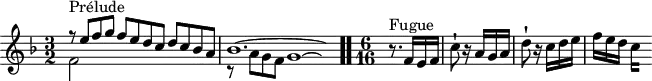 
\version "2.18.2"
\header {
  tagline = ##f
}
\score {
  \new Staff \with {
  }
<<
  \relative c'' {
    \key f \major
    \time 3/2
     %% INCIPIT CBT II-11, BWV 880, fa majeur
     << { r8^\markup{Prélude} e8 f g f e d c d c bes a | \once \override Staff.TimeSignature #'stencil = ##f \time 6/2 bes1.~ \hideNotes bes16 } \\ { f2 s1 r8 a8 g f g1^~ \hideNotes g16 } >> \bar ".."
     \partial 4.
     \time 6/16
     r8.^\markup{Fugue} f16 e f c'8-! r16 a16 g a d8-! r16 c16 d e f e d 
{ 
 % suppression des warnings :
 #(ly:set-option 'warning-as-error #f)
 #(ly:expect-warning (_ "stem does not fit in beam")) %% <= à traduire éventuellement
 #(ly:expect-warning (_ "beam was started here")) %% <= à traduire éventuellement
  \set stemRightBeamCount = #2
  c4*1/4[ s]
}
  }
>>
  \layout {
     \context { \Score \remove "Metronome_mark_engraver"  \override SpacingSpanner.common-shortest-duration =
        #(ly:make-moment 1/3) }
  }
  \midi {}
}
