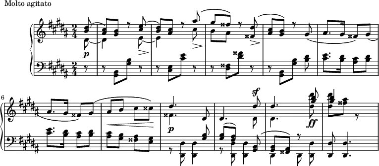 
\version "2.18.2"
\header {
  tagline = ##f
}
upper = \relative c'' {
  \clef treble 
  \key gis \minor
  \time 2/4
  \tempo 4 = 126
  %\autoBeamOff
   %%Montgeroult — Étude 104 (pdf p. 164)
   \partial 8
   << { < dis b >8( < cis ais >) < b gis > r8   < e cis >_\>( < dis b >) \! < cis ais > r8   } \\ { dis,8~\p dis4 s8 e8~ e4 s8 } >>
   << { ais'8( gis fisis) r8   < dis fisis, >(_\> < cis ais >8\! < b gis >) r8 } \\ { cis8\> b\! ais } >>  
   \repeat unfold 2 { gis8( ais8. gis16 fisis8) } gis( ais\< b cis cisis\!)
   << { dis4. s8 s4. dis8^\sf dis4. } \\ { fisis,4.\p \stemUp dis8 dis4. \stemDown dis8 dis4. } >>
   << { < b'' gis >8 } \\ { < dis dis, >8\ff } >>
   << { < b gis >4 } \\ { < dis dis, >8 < ais fisis > r8 s8 } >>
}
lower = \relative c {
  \clef bass
  \key gis \minor
  \time 2/4
   r8 r8  < b gis >8[ < b' gis >] r8 r8 < e, cis >8[ < e' cis >] r8 r8 < fisis, dis >8[ < fisis' dis >] r8 r8
   < b,, gis >8[ < b' gis >] < dis b >
   \repeat unfold 2 { < e cis >8. < dis b >16 < cis ais >8 < dis b > }
   < cis ais >8 < b gis > < ais fisis > < gis e > 
   << { s4 s8 < b gis >8 < b gis >( < ais fis >) s8 < b, gis >8( < b gis > < ais fisis >) r8 } \\ { r8 < dis dis, >8 < dis dis, >4 r8 < dis dis, >8 < dis dis, >4 dis,4 \autoBeamOff dis8 < dis' dis, >8 } >>
   < dis dis, >8 < dis dis, >4.
}
  \header {
    piece = "Molto agitato"
  }
\score {
  \new PianoStaff <<
    \new Staff = "upper" \upper
    \new Staff = "lower" \lower
  >>
  \layout {
    \context {
      \Score
      \remove "Metronome_mark_engraver"
    }
  }
  \midi { }
}
