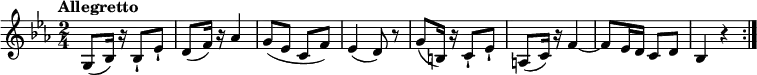 
\relative c'' {
  \key ees \major
  \time 2/4
  \tempo "Allegretto"
  \tempo 4 = 80
  g,8 (bes16) r bes8-! ees-!
  d (f16) r aes4
  g8 (ees c f)
  ees4 (d8) r
  g8 (b,16) r c8-! ees-!
  a, (c16) r f4 ~  f8 ees16 d c8 d 
  bes4 r \bar ":|."
}
