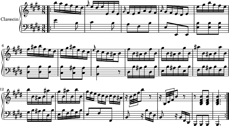 
\version "2.18.2"
\header {
  tagline=##f
}
upper=\relative c'' {
  \clef treble 
  \key e \major
  \time 3/8
  \tempo 4.=58
  \tempo "Allegro"
  \set Staff.midiInstrument=#"harpsichord"
  \bar ".|:" b'16 a gis fis e dis|\grace fis e dis e e, gis e|\grace gis fis16 e fis a gis fis|\grace a gis16 fis e dis e8|
  e'16 gis b gis fis e|fis ais b fis e dis|e gis ais  e dis cis|\grace e dis cis b ais b8|fis'16 b, ais  b fis' b,|
  gis'16 b, ais b gis' b,|ais' b, ais b ais' b,|b'16 b, ais b ais' b,|gis' b, ais' b, b' b,|\times 2/3 { gis'16 fis e } \times 2/3 { dis[ cis b] } \times 2/3 { cis b ais }|
  r16 \times 2/3 { b32 dis fis } b8 r8|r16 \times 2/3 { b,,32 dis fis } b8 r8|r8 < b, dis fis b >8 q q4. \bar ":|."
}
lower=\relative c' {
  \clef bass
  \key e \major
  \time 3/8
  \set Staff.midiInstrument=#"harpsichord"
   e4 b8 cis4 b8 a fis b e, e, e < e' b' >8 q q < dis b' > q q < cis b' > < cis ais' > q < b b' >4 r8 
   dis16 b' ais b dis, b'|e, b' ais b e, b'|fis b ais b fis b|gis b ais b dis, b'|e, b' fis b gis b|e,8 fis fis,|b r16 b'16 fis dis b8 r16 b16 fis dis b8 b b b4.
}
\score {
  \new PianoStaff <<
    \set PianoStaff.instrumentName=#"Clavecin"
    \new Staff="upper" \upper
    \new Staff="lower" \lower
  >>
  \layout {
    \context {
      \Score
      \omit TupletNumber
      \remove "Metronome_mark_engraver"
    }
  }
  \midi { }
}
