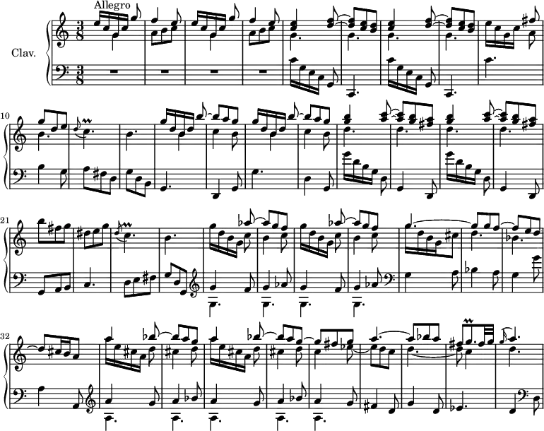 
\version "2.18.2"
\header {
  tagline = ##f
  % composer = "Domenico Scarlatti"
  % opus = "K. 327"
  % meter = "Allegro"
}
%% les petites notes
trillCp      = { \tag #'print { c4.\prall } \tag #'midi { d32 c d c~ c4 } }
trillGqp     = { \tag #'print { g8.\prall } \tag #'midi { a32 g a g } }
upper = \relative c'' {
  \clef treble 
  \key c \major
  \time 3/8
  \tempo 4. = 72
  \set Staff.midiInstrument = #"harpsichord"
  \override TupletBracket.bracket-visibility = ##f
      s8*0^\markup{Allegro}
      \repeat unfold 2 { << { e16[ c g c] g'8 | f4 e8 } \\ { s8 g,4 | a8 b c } >> } | \repeat unfold 2 { << { < c e >4 < d f >8~ | q < c e >8 < b d > } \\ { g4. g } >> }
      % ms. 9
      e'16 c g c << { fis8 | g d e } \\ { a,8 | b4. } >> | \appoggiatura d8 \trillCp | b4. |
      % ms. 13
      \repeat unfold 2 { << { g'16[ d b d] b'8~ | b a g } \\ { s8 b,4 | c4 b8 } >> } | \repeat unfold 2 { << { < g' b >4 < a c >8~ | q < g b >8 < fis a > } \\ { d4. d } >> } 
      % ms. 21
      b'8 fis g | dis e g | \acciaccatura d8 \trillCp | b4. |
      % ms. 25
      \repeat unfold 2 { g'16 d b g << { aes'8~ | aes g f } \\ { c8 | b4 c8 } >> } << { \mergeDifferentlyDottedOn g'4.~ | g8 g f~ | f e d~ | d cis16 b a8 } \\ { g'16 d b g cis8 | d4. bes  } >>
      % ms. 33
       << { \repeat unfold 2 { a'4 bes8~ | bes a g~ } | g8 fis g | a4.~ | a8 bes a | fis \trillGqp fis32 g } \\ { \repeat unfold 2 { a16[ e cis a] d8 | cis4 d8 } | c4 ees8~ ees d c | d4.~ | d8 c4 } >>
      % ms. 41
      << { \appoggiatura g'16 a4. } \\ { d,4. } >>
}
lower = \relative c' {
  \clef bass
  \key c \major
  \time 3/8
  \set Staff.midiInstrument = #"harpsichord"
  \override TupletBracket.bracket-visibility = ##f
    % ************************************** \appoggiatura a16  \repeat unfold 2 {  } \times 2/3 { }   \omit TupletNumber 
      R4.*4 | \repeat unfold 2 { c16[ g e c] g8 | c,4. } |
      % ms. 9
      c''4. | b4 g8 | a fis d | g d b | 
      % ms. 13
      g4. | d4 g8 | g'4. | d4 g,8 | \repeat unfold 2 { g''16[ d b g] d8 | g,4 d8 } |
      % ms. 21
      g8 a b | c4. | d8 e fis | g d g, | \repeat unfold 2 { \clef treble << { g''4 f8 | g4 aes8 } \\ { g,4. g } >> } |   \clef bass
      % ms. 29
      g4 a8 | bes4 a8 | g4 g'8 | a,4 a,8 |
      % ms. 33
      \repeat unfold 2 { \clef treble << { a''4 g8 | a4 bes8 } \\ { a,4. a } >> } | << { a'4 g8 } \\ { a,4. } >> fis'4 d8 |
      % ms. 39
      g4 d8 | ees4. | d4   \clef bass d,8
}
thePianoStaff = \new PianoStaff <<
    \set PianoStaff.instrumentName = #"Clav."
    \new Staff = "upper" \upper
    \new Staff = "lower" \lower
  >>
\score {
  \keepWithTag #'print \thePianoStaff
  \layout {
      #(layout-set-staff-size 17)
    \context {
      \Score
     \override SpacingSpanner.common-shortest-duration = #(ly:make-moment 1/2)
      \remove "Metronome_mark_engraver"
    }
  }
}
\score {
  \keepWithTag #'midi \thePianoStaff
  \midi { }
}
