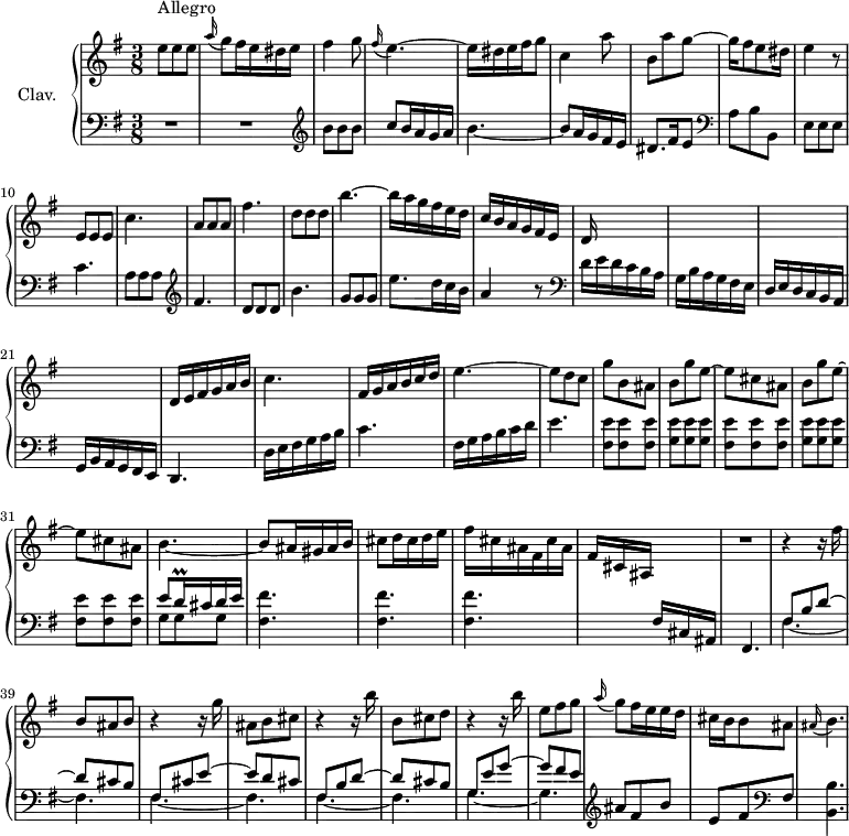 
\version "2.18.2"
\header {
  tagline = ##f
  % composer = "Domenico Scarlatti"
  % opus = "K. 233"
  % meter = "Allegro"
}
%% les petites notes
appoBp        = { \tag #'print { \appoggiatura ais16 b4. } \tag #'midi {   \tempo 4. = 60 ais8   \tempo 4. = 50 b8   \tempo 4. = 76 } }
trillDqq      = { \tag #'print { d16\prall } \tag #'midi { \times 2/3 { d32 e d } } }
upper = \relative c'' {
  \clef treble 
  \key e \minor
  \time 3/8
  \tempo 4. = 76
  \set Staff.midiInstrument = #"harpsichord"
  \override TupletBracket.bracket-visibility = ##f
      s8*0^\markup{Allegro}
      e8 e e | \appoggiatura a16 g8 fis16 e dis e | fis4 g8 | \appoggiatura fis16 e4.~ | e16 dis e fis g8 | c,4 a'8 |
      % ms. 7
      b,8 a' g~ | g16 fis8 e dis16 | e4 r8 | e,8 e e | c'4. | a8 a a | fis'4. | d8 d d |
      % ms. 15
      b'4.~ | b16 a g fis e d | c b a g fis e | { \tag #'print d16 \tag #'midi r16 } s16 s8 s8 | s4.*3 |
      % ms. 22
      d16 e fis g a b | c4.~ | fis,16 g a b c d | e4.~ | e8 d c | g' b, ais | b g' e~ |
      % ms. 29
      e8 cis ais | b g' e~ | e cis ais | b4.~ | b8 ais16 gis ais b | cis8 d16 cis d e | fis cis ais fis cis' ais |
      % ms. 36
      fis16[ cis ais]  s16 s8 | R4. | r4 r16 fis''16 | b,8 ais b | r4 r16 g'16 | ais,8 b cis | r4 r16 b'16 | b,8 cis d |
      % ms. 44
      r4 r16 b'16 | e,8 fis g | \appoggiatura a16 g8 fis16 e e d | cis b b8 ais | \appoBp |
}
lower = \relative c' {
  \clef bass
  \key e \minor
  \time 3/8
  \set Staff.midiInstrument = #"harpsichord"
  \override TupletBracket.bracket-visibility = ##f
    % ************************************** \appoggiatura a16  \repeat unfold 2 {  } \times 2/3 { }   \omit TupletNumber 
      R4.*2 |   \clef treble  b'8 b b | c b16 a g a | b4.~ | b8 a16 g fis e |
      % ms. 7
      dis8. fis16 e8 |   \clef bass a,8 b b, | e e e | c'4. | a8 a a | \clef treble  fis'4. | d8 d d | b'4. |
      % ms. 15
      g8 g g | e'8. d16 c b | a4 r8 | \clef bass d,16 e d c b a | g b a g fis e | d e d c b a | g b a g fis e | 
      % ms. 22
      d4. | d'16 e fis g a b | c4. | fis,16 g a b c d | e4. | < fis, e' >8 q q | \repeat unfold 2 { < g e' >8 q q |
      % ms. 29
      < fis e' > q q } | << { e'8 \trillDqq cis16 d e } \\ { g,8 g g } >> | \repeat unfold 3 { < fis fis' >4. }
      % ms. 36
      s8 s16 fis16 cis ais | fis4. | 
      << { fis'8 b d~ | d cis b | fis cis' e~ | e d cis | fis, b d~ | d cis b | g e' g~ | g fis e } 
      \\ { \mergeDifferentlyDottedOn  \repeat unfold 3 { fis,4.~ fis } g4.~ g } >> \clef treble 
      % ms. 46
      ais'8 fis b | e, fis \clef bass fis, | < b, b' >4. |
}
thePianoStaff = \new PianoStaff <<
    \set PianoStaff.instrumentName = #"Clav."
    \new Staff = "upper" \upper
    \new Staff = "lower" \lower
  >>
\score {
  \keepWithTag #'print \thePianoStaff
  \layout {
      #(layout-set-staff-size 17)
    \context {
      \Score
     \override SpacingSpanner.common-shortest-duration = #(ly:make-moment 1/2)
      \remove "Metronome_mark_engraver"
    }
  }
}
\score {
  \keepWithTag #'midi \thePianoStaff
  \midi { }
}
