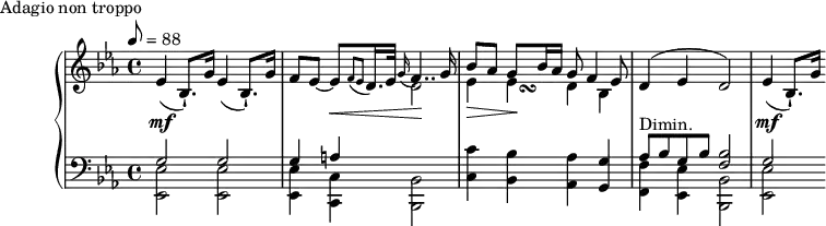 
\version "2.18.2"
\header {
  tagline = ##f
}
upper = \relative c'' {
  \clef treble 
  \key ees \major
  \time 4/4
  \tempo 8 = 88
  %\autoBeamOff
   %%Montgeroult — Étude 112 (pdf p. 192 — exemple p. 199)
   ees,4\mf( bes8.-!) g'16 ees4( bes8.-!) g'16 f8 ees~ ees\<[ \acciaccatura { f8 ees8 } d16. ees32] \appoggiatura g16 f4..\! g16
   << { bes8 aes g bes16 aes g8 f4 ees8 } { s4 s16 s_\turn } \\ { ees4\> ees\! d bes } >>
   d4^( ees d2)
   ees4\mf( bes8.-!) g'16
}
lower = \relative c {
  \clef bass
  \key ees \major
  \time 4/4
   << { g'2 g g4 a \stemDown \change Staff = "upper" d2 } \\ { \change Staff = "lower" < ees, ees, >2 q < ees ees, >4 < c c, >4 < bes bes, >2 } >>
   < c' c,>4 < bes bes, >4 < aes aes, >4 < g g, >4 
  << { aes8^\markup{Dimin.} bes g bes < bes f >2 g2 } \\ { < f f, >4 < ees ees, >4 < bes bes, >2 < ees ees, >2 } >>
}
  \header {
    piece = "Adagio non troppo"
  }
\score {
  \new PianoStaff <<
    \new Staff = "upper" \upper
    \new Staff = "lower" \lower
  >>
  \layout {
    \context {
      \Score
    }
  }
  \midi { }
}
