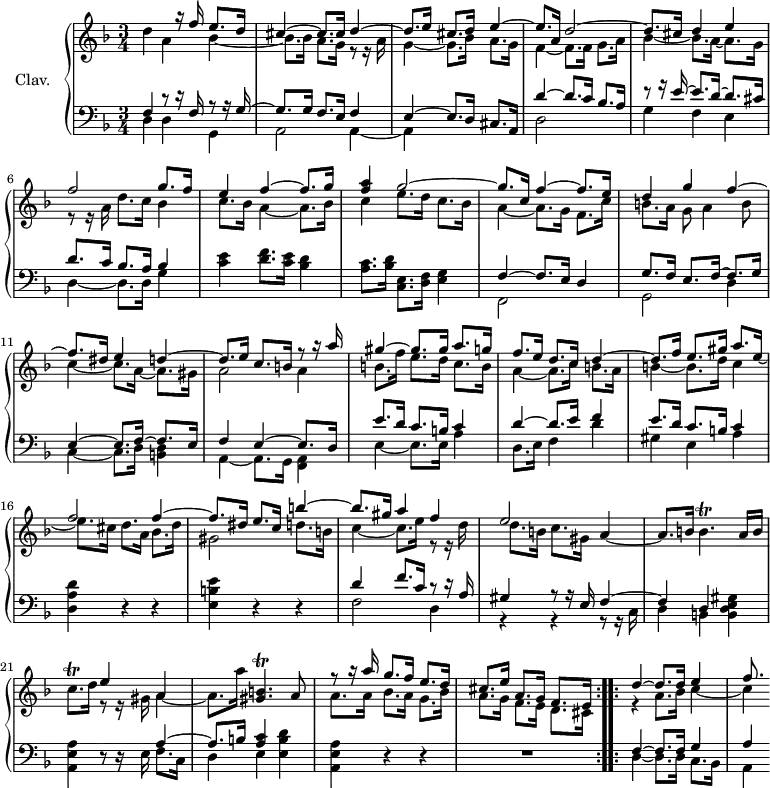 
\version "2.18.2"
\header {
  tagline = ##f
  % composer = "Domenico Scarlatti"
  % opus = "K. 92"
  % meter = "-"
}
%% les petites notes
trillGisBp    = { \tag #'print { < gis, b >4.\trill } \tag #'midi { << { c32 b c b~ b4 } \\ { gis4. } >> } }
trillBp       = { \tag #'print { b4.\trill } \tag #'midi { c32 b c b~ b4 } }
trillCqp      = { \tag #'print { c8.\trill } \tag #'midi { d32 c d c~ c16 } }
upper = \relative c'' {
  \clef treble 
  \key d \minor
  \time 3/4
  \tempo 4 = 82
\repeat volta 2 {
      %s8*0^\markup{Allegro}
      << { s4 s8 r16 f16 e8. d16 | cis4~ cis8. cis16 d4~ | d8. e16 cis8. d16 e4~ | e8. a,16 d2~ |
      % ms. 5
           d8. cis16 d4 e } 
       \\ { d4 a bes~ | bes8. bes16 a8. g16 r8 r16 a16 | g4~ g8. bes16 a8. g16 | f4~ f8. f16 g8. a16 |
      % ms. 5
            bes4~ bes8. a16~ a8. g16 } >>
      % ms. 6
      << { f'2 g8. f16 | e4 f4~ f8. g16 | < f a >4 } 
       \\ { r8 r16 a,16 d8. c16 bes4 | c8. bes16 a4~ a8. bes16 | c4 } >>
      % ms. 8 fin
      << { g'2~ | g8. c,16 f4~ f8. e16 | d4 g f4~ | f8. dis16 e4 d4~ | d8. e16 c8. b!16 } 
       \\ { e8. d16 c8. bes16 | a4~ a8. g16 f8. c'16 | b!8. a16 g8 a4 b8 | c4~ c8. a16~ a8. gis16 | a2 } >>
      % ms. 12 fin
      << { r8 r16 a'16 | gis4~ gis8. gis16 a8. g!16 | f8. e16 d8. c16 d4~ | d8. f16 e8. gis16 a8. e16_~ | \stemDown e8. cis16 d8. a16 } 
       \\ { a4 | b!8. f'16 e8. d16 c8. b16 | a4~ a8. c16 b8. a16 | b!4~ b8. d16 c4 | }
       \\ { s2.*3 s4 f2 } >>
      % ms. 16 fin
      << { f4~ | f8. dis16 e8. c16 b'4~ | b8. gis16 a4 f | e2 } 
       \\ { bes8. d16 | gis,2 d'8. b!16 | c4~ c8. e16 r8 r16 d16 | d8. b!16 c8. gis16 } >> a4~ | a8. b!16 \trillBp a16 b |
      % ms. 21
      \trillCqp d16 
      << { e4 a, } 
       \\ { r8 r16 gis16 a4~ | a8. a'16 } >> 
      \trillGisBp a8 | 
      << { r8 r16 a'16 g8. f16 e8. d16 | cis8. e16 a,8. g16 f8. e16 } 
       \\ { a8. a16 bes8. a16 g8. bes16 | a8. g16 f8. e16 d8. cis16 } >> }%repet
      % ms. 25
      \bar ":..:"
      << { d'4~ d8. d16 e4 | f8. } 
       \\ { r4 a,8. bes16 c4~ c4 } >>
}
lower = \relative c' {
  \clef bass
  \key d \minor
  \time 3/4
\repeat volta 2 {
    % ************************************** \appoggiatura a16  \repeat unfold 2 {  } \times 2/3 { }   \omit TupletNumber 
      << { f,4 r8 r16 f16 r8 r16 g16~ | g8. g16 f8. e16 f4 | e4~ e8. d16 cis8. a16 } 
       \\ { d4 d g, | a2 a4~ | a  } >>
      % ms. 4
      << { d'4~ d8. c16 bes8. a16 } 
       \\ { d,2 s4 } >>
      % ms. 5
      << { r8 r16 e'16~ e8. d16~ d8. cis16 | d8. c16 bes8. a16 | bes4 } 
       \\ { g4 f e | d4~ d8. d16 g4 } >> |
      < c e >4 < d f >8. < c e >16 < bes d >4 | < a c >8. < bes d >16 < c, e >8. < d f >16 < e g >4 |
      % ms. 9
      << { f4~ f8. e16 d4 | g8. f16 e8. f16~ f8. g16 | e4~ e8. f16~ f8. e16 | f4 e4~ e8. d16 } 
       \\ { f,2 s4 | g2 d'4 | c4~ c8. d16 < b d >4 | a4~ a8. g16 < f a >4 } >>
      % ms. 13
      << { e''8. d16 c8. b!16 c4 | d4~ d8. e16 f4 | e8. d16 c8. b!16 c4 } 
       \\ { e,4~ e8. e16 a4 | d,8. e16 f4 d' | gis, e a } >> |
      < d, a' d >4 r4 r4
      % ms. 17
      < e b' e >4 r4 r4 | 
      << { d'4~ f8. c16 r8 r16 a16 | gis4 r8 r16 e16 f4~ | f d } 
       \\ { f2 d4 | r4 r4 r8 r16 c16 | d4 b } >> < b d e gis >4
      % ms. 21
      < a e' a >4 r8 r16 
      << { s16 a'4~ | a8. b16 < c a >4 } 
       \\ { e,16 f8. c16 | d4 e } >> 
      < e b' d >4 < a, e' a > r4 r4 | R2. }%repet
      % ms. 25
      << { f'4~ f8. f16 g4 | a4 } 
       \\ { d,4~ d8. d16 c8. bes16 | a4 } >>
}
thePianoStaff = \new PianoStaff <<
    \set PianoStaff.instrumentName = #"Clav."
    \new Staff = "upper" \upper
    \new Staff = "lower" \lower
  >>
\score {
  \keepWithTag #'print \thePianoStaff
  \layout {
      #(layout-set-staff-size 17)
    \context {
      \Score
     \override TupletBracket.bracket-visibility = ##f
     \override SpacingSpanner.common-shortest-duration = #(ly:make-moment 1/2)
      \remove "Metronome_mark_engraver"
    }
  }
}
\score {
  \unfoldRepeats
  \keepWithTag #'midi \thePianoStaff
  \midi { \set Staff.midiInstrument = #"harpsichord" }
}
