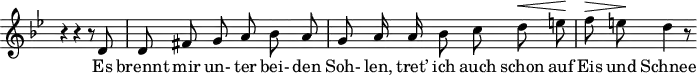 
\header {
  tagline = ##f
}
\score {
  \new Staff \with {
    \remove "Time_signature_engraver"
  }
<<
  \relative c' {
    \key g \minor
    \time 3/4
    \set Score.currentBarNumber = #10
    \autoBeamOff
    %%%%%%%%%%%%%%%%%%%%%%%%%%%%% no 8 Rückblick
     r4 r4 r8 d8 | d fis g a bes a | g a16 a bes8 c d^\< e!\! | f^\> e!\! d4 r8
  }
  \addlyrics {
     Es brennt mir un- ter bei- den Soh- len, tret’ ich auch schon auf Eis und Schnee
  }
>>
  \layout {
    \context {
      \remove "Metronome_mark_engraver"
    }
  }
  \midi {}
}
