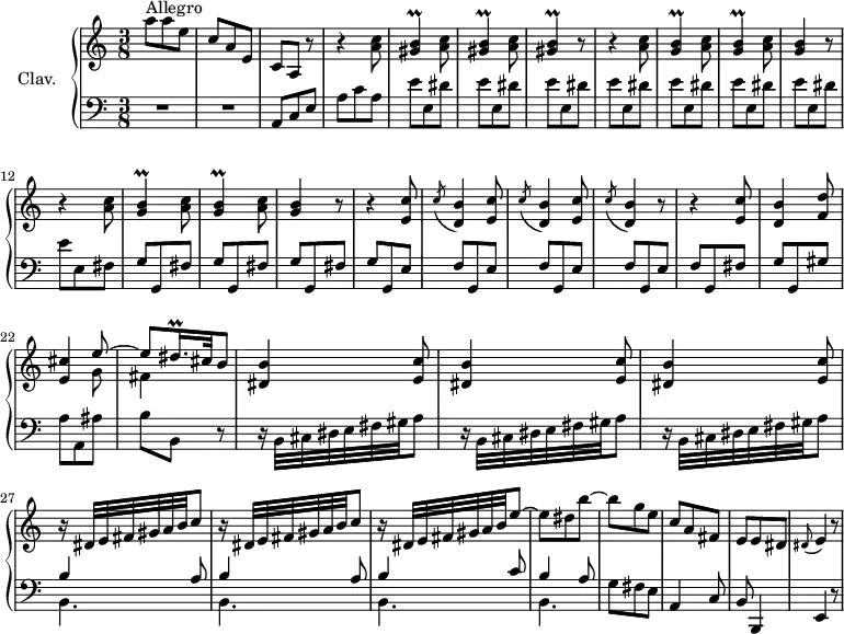 
\version "2.18.2"
\header {
  tagline = ##f
  % composer = "Domenico Scarlatti"
  % opus = "K. 532"
  % meter = "Allegro"
}
%% les petites notes
trillGisB     = { \tag #'print { < gis b >4\prall } \tag #'midi { << { c32 b c b~ b8 } \\ { gis4 } >> } }
trillGB       = { \tag #'print { < g b >4\prall } \tag #'midi { << { c32 b c b~ b8 } \\ { g4 } >> } }
trillDisqqp   = { \tag #'print { dis16.\prall } \tag #'midi { \times 2/3 { dis32 e dis~ } dis } }
upper = \relative c'' {
  \clef treble 
  \key a \minor
  \time 3/8
  \tempo 4. = 88
  \set Staff.midiInstrument = #"harpsichord"
  \override TupletBracket.bracket-visibility = ##f
      s8*0^\markup{Allegro}
      a'8 a e | c a e | c a r8 | r4 < a' c >8 | \repeat unfold 2 { \trillGisB < a c >8 }
      % ms. 7
      \trillGisB r8 | \repeat unfold 2 { r4 < a c >8 | \repeat unfold 2 { \trillGB < a c >8 } | < g b >4 r8 }
      % ms. 16
      r4 \repeat unfold 3 { <e c' >8 \acciaccatura c'8 < d, b' >4 } r8 | r4 < e c' >8
      % ms. 21
      < d b' >4 < f d' >8 < e cis' >4 << { e'8~ e8 \trillDisqqp cis32 b8 } \\ { g8 fis4 } >> | \repeat unfold 3 { < dis b' >4 < e c' >8 }
      % ms. 27
      \repeat unfold 2 { r16 dis32 e fis gis a b c8 } | r16 dis,32 e fis gis a b e8~ | e dis b'~ | b g e | c a fis |
      % ms. 33
      e8 e dis | \appoggiatura dis8 e4 r8 |
}
lower = \relative c' {
  \clef bass
  \key a \minor
  \time 3/8
  \set Staff.midiInstrument = #"harpsichord"
  \override TupletBracket.bracket-visibility = ##f
    % ************************************** \appoggiatura a16  \repeat unfold 2 {  } \times 2/3 { }   \omit TupletNumber 
      R4.*2 | a,8 c e | a c a | \repeat unfold 7 { e' e, dis' } | 
      % ms. 12
      e e, fis | \repeat unfold 3 { g g, fis' }
      % ms. 16
      g g, e' \repeat unfold 3 { f g, e' } | f g, fis' |
      % ms. 21
      g g, gis' | a a, ais' | b b, r8 | \repeat unfold 3 { r16 b32 cis dis e fis gis a8 } | 
      % ms. 27
      << { \repeat unfold 2 { b4 a8 } | b4 c8 | b4 a8 } \\ { \repeat unfold 4 { b,4. } } >> | g'8 fis e  | a,4 c8 |
      % ms. 33
      b8 b,4 | e4 r8 |
}
thePianoStaff = \new PianoStaff <<
    \set PianoStaff.instrumentName = #"Clav."
    \new Staff = "upper" \upper
    \new Staff = "lower" \lower
  >>
\score {
  \keepWithTag #'print \thePianoStaff
  \layout {
      #(layout-set-staff-size 17)
    \context {
      \Score
     \override SpacingSpanner.common-shortest-duration = #(ly:make-moment 1/2)
      \remove "Metronome_mark_engraver"
    }
  }
}
\score {
  \keepWithTag #'midi \thePianoStaff
  \midi { }
}
