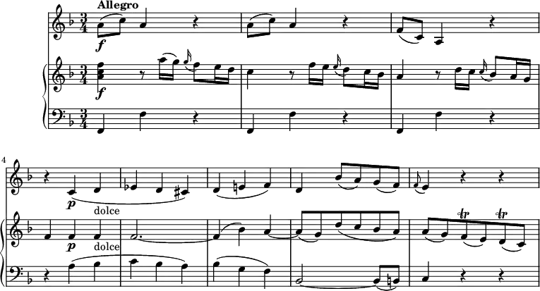 
\version "2.18.2"
\header {
  tagline = ##f
}
upper = \relative c'' {
                 \key f \major
                 \time 3/4
                 \tempo 4 = 140
                <a c f>4\f r8 a'16 (g)  \grace g16 (f8) e16 d
                c4 r8 f16 e  \grace e16 (d8) c16 bes
                a4 r8 d16 c  \grace c16 (bes8) a16 g
                f4 f\p f _\markup {dolce}  f2. ~ f4 (bes)
                a  ~ a8 (g) d' (c bes a)
                a (g) f\trill (e) d\trill (c)
            }
lower =  \relative c {
         \clef bass 
                  \key f \major
                  \time 3/4
           f,4 f' r  f,4 f' r  f,4 f' r
           r a (bes c bes a)
           bes (g f)
           bes,2 ~ bes8 (b)
           c4 r r
             }
 vl = \relative c'' {
              \key f \major
              \time 3/4
           a8\f ^ \markup {\bold {"Allegro"} } (c) a4 r
           a8 (c) a4 r
           f8 (c) a4 r
           r c\p (d_\markup {dolce} ees d cis)
           d (e! f)
           d bes'8 (a) g (f) 
           \grace f8 (e4) r r
                 }
\score {
    \new GrandStaff <<
      \new PianoStaff <<  
        \new Staff = "upper" \upper
        \new Staff = "lower" \lower
    >>
   \new Staff = "vl" \vl
    >>
    \layout {
    \context {
      \Score
      \remove "Metronome_mark_engraver"
    }
  }
  \midi { }
}
