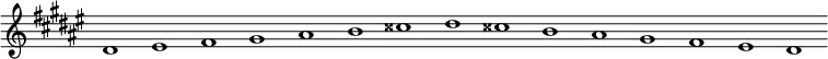 
\new Staff {
  \relative c' {
    \key dis \minor
    \override Staff.TimeSignature #'stencil = ##f
    \override Staff.BarLine #'stencil = ##f
     dis1 eis fis gis ais b cisis dis cisis b ais gis fis eis dis
  }
}
\midi {
  \context {
    \Score
    tempoWholesPerMinute = #(ly:make-moment 120 1)
  }
}
