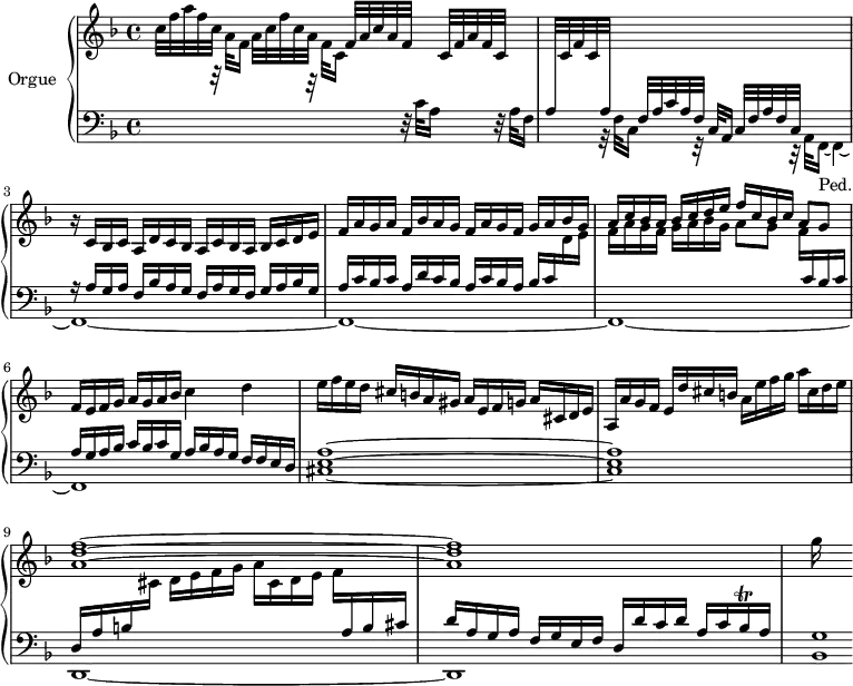 
\version "2.18.2"
\header {
  tagline=##f
  % composer="Johann Pachelbel"
  % opus=""
  % meter=""
}
%% les petites notes
trillBesqq   ={ \tag #'print { bes16\trill } \tag #'midi { \times 2/3 { bes32 a bes } } }
upper=\relative c'' {
  \clef treble 
  \key f \major
  \time 4/4
  \tempo 4=78
  \set Staff.midiInstrument=#"church organ"
  \override TupletBracket.bracket-visibility=##f
      c32 f a f c s32 s16 a32 c f c a s32 s16 f32 a c a f s32 s16 c32 f a f c s32 s16| \stemUp  \change Staff="lower" a32  \change Staff="upper"  c f c \stemUp  \change Staff="lower"   a s32 s16 f32 a c a f s32 s16 c32 f a f c s32 s16 s4|\stemNeutral  \change Staff="upper" 
      % ms. 3
      r16 c'16 bes c a d c bes a c bes a bes c d e|f a g a f bes a g f a g f g a bes g|\stemUp a c bes a bes c d e f c bes c a8 g \stemNeutral|
      % ms. 6
      f16 e f g a g a bes c4 d|e16 f e d cis b a gis a e f g a cis, d e|a, a' g f e d' cis b a e' f g a cis, d e|
      % ms. 9
      < a, d f >1^~ q|g'16
}
lower=\relative c' {
  \clef bass
  \key f \major
  \time 4/4
  \set Staff.midiInstrument=#"church organ"
  \override TupletBracket.bracket-visibility=##f
    % ************************************** 
      \stemDown \change Staff="upper"  s8 r32 a'32 f16 s8 r32 f32 c16 \stemNeutral \change Staff="lower" s8 r32 c32 a16 s8 r32 a32 f16|s8 r32  f32 c16 s8 r32 c32 a16 
      % ms. fin 2…
      << { s2 r16 a'16 g a  f bes a g  f a g f  g a bes g|a c bes c a d c bes a  c bes a bes c \stemDown \change Staff="upper" d16 e|f a g f g a bes g a8 g f16 \stemUp \change Staff="lower" c16 bes c|
      %. ms. 6
      a16 g a bes c bes c g a bes a g f f e d }
      \\ { s8 r32 a32 f16~_\markup{Ped.} f4~|f1~ f~ f~ f~ } >>
      % ms. 7
      < cis' e a >1~ q 
      % ms. 9
      << { d16 a' b \stemDown \change Staff="upper" cis d e f g a cis, d e f \stemUp \change Staff="lower" a,16 b cis|d a g a f g e f d d' c d a c \trillBesqq a16 } \\ { d,,1~ d } >>|< bes' g' >1*1/8
}
thePianoStaff=\new PianoStaff <<
    \set PianoStaff.instrumentName=#"Orgue"
    \new Staff="upper" \upper
    \new Staff="lower" \lower
  >>
\score {
  \keepWithTag #'print \thePianoStaff
  \layout {
      #(layout-set-staff-size 17)
    \context {
      \Score
     \override SpacingSpanner.common-shortest-duration=#(ly:make-moment 1/2)
      \remove "Metronome_mark_engraver"
    }
  }
}
\score {
  \keepWithTag #'midi \thePianoStaff
  \midi { }
}
