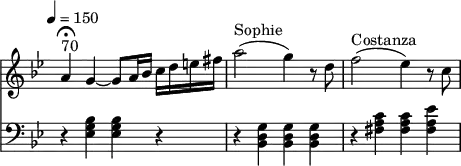 
<<
  \new Staff  \relative c'' {
        \version "2.18.2"
         \clef "treble" 
         \key bes \major
         \time 4/4 
         \tempo 4 = 150
         \omit Staff.TimeSignature
      a4\fermata   ^ \markup { 70}  g ~ g8 a16 bes c d e fis 
      a2^ \markup{Sophie} (g4) r8 d8
      f2^ \markup{Costanza} (ees4) r8 c   
}
 \new Staff \relative c {      
         \clef "bass" 
         \key bes \major 
         \omit Staff.TimeSignature
         r4 <ees g bes>  <ees g bes> r
         r  <bes d g> <bes d g> <bes d g>
         r  <fis' a c> <fis a c> <fis a ees'>
} 
>>
