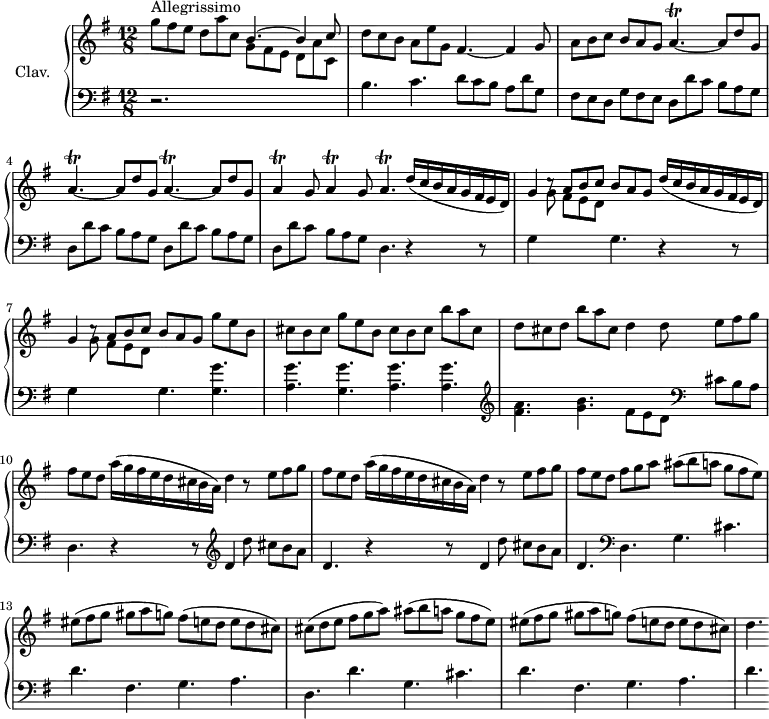 
\version "2.18.2"
\header {
  tagline = ##f
  % composer = "Domenico Scarlatti"
  % opus = "K. 103"
  % meter = "Allegrissimo"
}
%% les petites notes
trillAp     = { \tag #'print { a4.\trill~ } \tag #'midi { b32 a b a~ a4~ } }
trillA      = { \tag #'print { a4\trill } \tag #'midi { b32 a b a~ a8 } }
upper = \relative c'' {
  \clef treble 
  \key g \major
  \time 12/8
  \tempo 4. = 110
  \set Staff.midiInstrument = #"harpsichord"
  \override TupletBracket.bracket-visibility = ##f
  \omit TupletNumber
      s8*0^\markup{Allegrissimo}
      g'8 fis e d a' c, \stemUp b4.^~ b4 c8 \stemNeutral | d8 c b a e' g, fis4.~ fis4 g8 | a8 b c b a g \repeat unfold 3 { \trillAp a8 d g, } |
      % ms. 5
      \repeat unfold 2 { \trillA g8 } \trillAp \repeat unfold 2 { \times 6/8 { d16( c b a g fis e d) } | g4 c8\rest \stemUp a b c b a g } \stemNeutral g'8 e b 
      % ms. 8
      cis8 b cis g' e b  cis b cis b' a cis,  d cis d b' a cis,   d4 d8 \repeat unfold 2 { e fis g |
      % ms. 10
      fis8 e d \times 6/8 { a'16( g fis e d cis b a) } d4 r8 } e8 fis g | fis e d fis g a ais( b a g fis e) |
      % ms. 13
      eis8( fis g gis a g) fis( e d e d cis) | cis( d e fis g a) ais( b a g fis e) |  eis8( fis g gis a g) fis( e d e d cis) |
      % ms. 16
      d4.
}
lower = \relative c' {
  \clef bass
  \key g \major
  \time 12/8
  \set Staff.midiInstrument = #"harpsichord"
  \override TupletBracket.bracket-visibility = ##f
    % ************************************** \appoggiatura \repeat unfold 2 {  } \times 2/3 { }
      r2. \stemDown \change Staff = "upper" g'8 fis e d a' c, | \change Staff = "lower" b4. c d8 c b a d g, | fis e d g fis e \repeat unfold 4 { d d' c b a g } |
      % ms. 5
      d4. r4 r8 | g4 \stemDown \change Staff = "upper" g'8 fis e d \change Staff = "lower" g,4. r4 r8 |
      % ms. 7
       g4 \stemDown \change Staff = "upper" g'8 fis e d \change Staff = "lower" g,4. \repeat unfold 2 { < g g' >4. | < a g' > } < a g' >4. |   \clef treble  < fis' a >4. < g b > fis8 e d   \clef bass  cis b a | \stemNeutral
      % ms. 10
      d,4. \repeat unfold 2 { r4 r8  \clef treble   d'4 d'8 cis b a d,4. }    \clef bass d,4. g cis |
      % ms. 13
      d4. fis, g a | d, d' g, cis d | fis, g a | d
}
thePianoStaff = \new PianoStaff <<
    \set PianoStaff.instrumentName = #"Clav."
    \new Staff = "upper" \upper
    \new Staff = "lower" \lower
  >>
\score {
  \keepWithTag #'print \thePianoStaff
  \layout {
      #(layout-set-staff-size 17)
    \context {
      \Score
     \override SpacingSpanner.common-shortest-duration = #(ly:make-moment 1/2)
      \remove "Metronome_mark_engraver"
    }
  }
}
\score {
  \keepWithTag #'midi \thePianoStaff
  \midi { }
}
