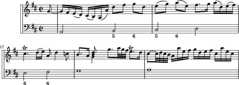 
\version "2.18.2"
\header {
  tagline = ##f
}
\score {
 \new StaffGroup <<
\set StaffGroup.systemStartDelimiter = #'SystemStartSquare
    \new Staff {
      \relative c'' {
      \key d \major
      \time 2/2
      \tempo 4 = 70
      % \autoBeamOff
      \clef treble
      \set Score.currentBarNumber = #15
      \override Rest #'style = #'classical
      \override TupletBracket #'bracket-visibility = ##f
      \override TupletNumber #'stencil = ##f
   % Violon - Ms. page 62 / pdf p. 67
   \partial 8 g8~
   g16[ fis e( d)] cis[( b) a( a')] d8[ fis] g[ d]
   e8[( g)] a[( e)] fis8.[ g16] a[( d,) e( fis)] 
   cis4.\trill d16( e) a,8 d4 c8
   b8. a16 << { << d8 b >> } \\ { g4 } >> g'8. {\times 2/3 { a32 g fis }} e8.\trill d16
   cis8~ cis32 {\times 2/3 { d32 cis b }} a16[ a' e fis] g[ d e fis] cis[ a' e cis]
    }
}
    % Continuo
    \new Staff {
  <<
      \key d \major
    \new Voice { \clef bass s8 a,2 b, cis d e fis g1 a1 }
    \new FiguredBass {
      \figuremode {
      s8 s2 < 5 >4 < 6 >4
      < 5 >4 < 6 >4 s2 < 6 >2 < 6 >2
      }
    }
  >>
    }
 >>
  \layout {
    \context {
      \Score
      \remove "Metronome_mark_engraver"
    }
  }
  \midi {}
}
