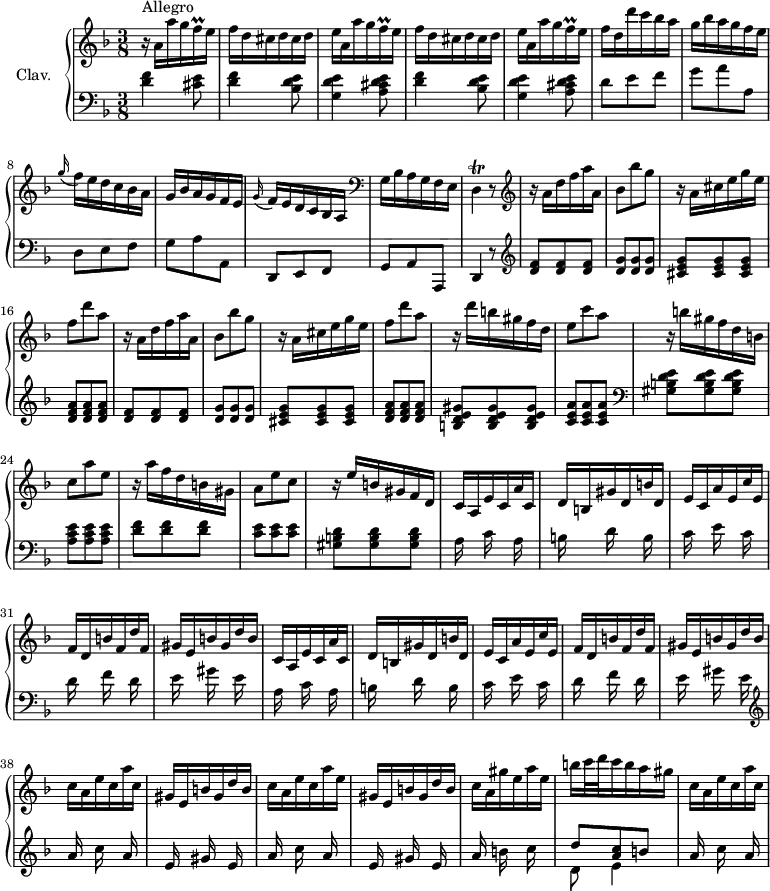 
\version "2.18.2"
\header {
  tagline = ##f
  % composer = "Domenico Scarlatti"
  % opus = "K. 138"
  % meter = "Allegro"
}
%% les petites notes
trillFqq      = { \tag #'print { f16\prall } \tag #'midi { \times 2/3 { f32 e f } } }
trillD        = { \tag #'print { d4\trill } \tag #'midi { e32 d e d~   \tempo 4. = 30 d8   \tempo 4. = 64 } }
upper = \relative c'' {
  \clef treble 
  \key d \minor
  \time 3/8
  \tempo 4. = 64
  \set Staff.midiInstrument = #"harpsichord"
  \override TupletBracket.bracket-visibility = ##f
      s8*0^\markup{Allegro}
      r16 a16 a' g \trillFqq e16 | \repeat unfold 2 { f d cis d cis d | e a, a' g \trillFqq e } |
      % ms. 6
      f d d' c bes a | g bes a g f e | \appoggiatura g16 f e d c bes a | g bes a g f e | \appoggiatura g16 f e d c bes a |   \clef bass
      % ms. 11
      g16 bes a g f e | \trillD r8   \clef treble | \repeat unfold 2 { r16 a''16 d f a a, | bes8 bes' g | r16 a,16 cis e g e | f8 d' a } |
      % ms. 21
      r16 d16 b gis f d | e8 c' a | 
      % ms. 23
      r16 b16 gis f d b | c8 a' e | r16 a16 f d b gis | a8 e' c | r16 e16 b gis f d | \repeat unfold 2 { c a e' c a' c, | 
      % ms. 29
      d16 b gis' d b' d, | e c a' e c' e, | f d b' f d' f, | gis e b' gis d' b } | 
      % ms. 39
      c16 a e' c a' c, | gis e b' gis d' b | c a e' c a' e |
      % ms. 41
       gis, e b' gis d' b | c a gis' e a e | b' c32 d c16 b a gis | c,16 a e' c a' c, |
}
lower = \relative c' {
  \clef bass
  \key d \minor
  \time 3/8
  \set Staff.midiInstrument = #"harpsichord"
  \override TupletBracket.bracket-visibility = ##f
    % ************************************** \appoggiatura a16  \repeat unfold 2 {  } \times 2/3 { }   \omit TupletNumber 
      < d f >4 < cis e >8 | \repeat unfold 2 { < d f >4 < bes d e >8 | < g d' e >4 < a cis d e >8 } 
      % ms. 6
      d8 e f | g a a, | d, e f | g a a, | d, e f |
      % ms. 11
      g a a, | d4 r8 |   \clef treble \repeat unfold 2 { < d'' f >8 q q | < d g > q q | < cis e g > q q | < d f a > q q } |
      % ms. 21
      < b d e gis >8 q q | < c e a > q q |   \clef bass
      % ms. 23
      < gis b d e >8 q q | < a c e > q q | < d f > q q | < c e > q q | < gis b d > q q |
      % ms. 28
      \repeat unfold 2 { a16 s16 c16 s16 a16 s16 | b16 s16 d16 s16 b16 s16 | c16 s16 e16 s16 c16 s16 | d16 s16 f16 s16 d16 s16 | e16 s16 gis16 s16 e16 s16 }  \clef treble
      % ms. 38
      \repeat unfold 2 { a16 s16 c16 s16 a16 s16 |
      % ms. 41
       e16 s16 gis16 s16 e16 s16 } |  a16 s16 b16 s16 c16 s16 | << { d8 < a c > b } \\ { d,8 e4 } >> | a16 s16 c16 s16 a16 s16 | 
}
thePianoStaff = \new PianoStaff <<
    \set PianoStaff.instrumentName = #"Clav."
    \new Staff = "upper" \upper
    \new Staff = "lower" \lower
  >>
\score {
  \keepWithTag #'print \thePianoStaff
  \layout {
      #(layout-set-staff-size 17)
    \context {
      \Score
     \override SpacingSpanner.common-shortest-duration = #(ly:make-moment 1/2)
      \remove "Metronome_mark_engraver"
    }
  }
}
\score {
  \keepWithTag #'midi \thePianoStaff
  \midi { }
}
