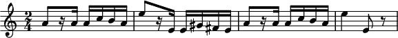 
\header {
  tagline = ##f
}
\score {
  \new Staff \with {
  }
<<
  \relative c'' {
    \key c \major
    \time 2/4
    \override TupletBracket #'bracket-visibility = ##f
    \set Staff.midiInstrument = #"violin"
    \tempo 4 = 100
     %%%%%%%%%%%%%%%%%%%%%%%%%% {{24e|caprice}}
     a8[ r16 a16] a c b a e'8[ r16 e,16] e gis fis e a8[ r16 a16] a c b a e'4 e,8 r8
  }
>>
  \layout {
     \context { \Score \remove "Metronome_mark_engraver" }
  }
  \midi {}
}
