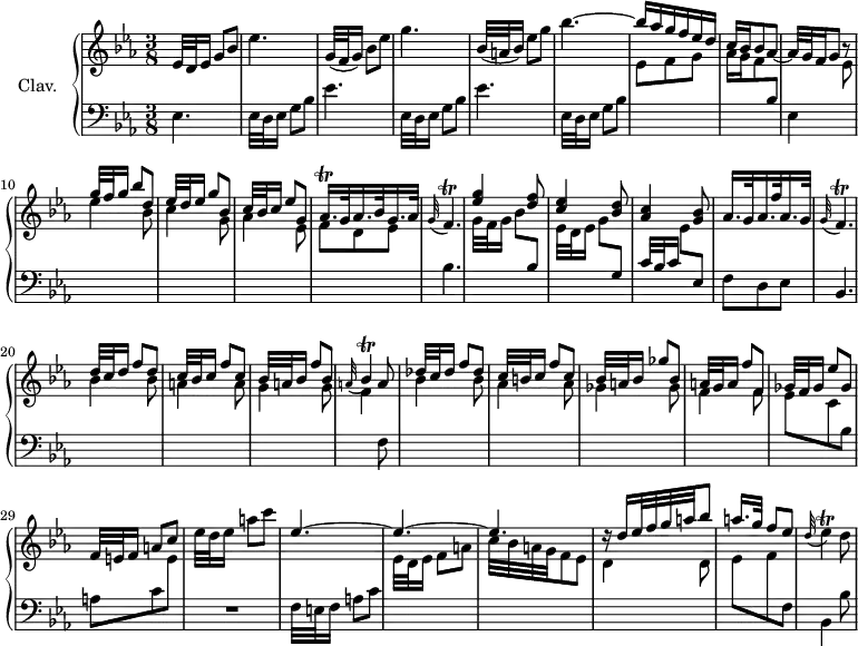 
\version "2.18.2"
\header {
  tagline = ##f
  % composer = "Domenico Scarlatti"
  % opus = "K. 68"
  % meter = ""
}
%% les petites notes
trillFp      = { \tag #'print { f4.\trill } \tag #'midi { g32 f g f~ f4 } }
trillAqqp    = { \tag #'print { aes16.\trill } \tag #'midi { \times 2/3 { bes32 aes bes } aes32 } }
trillBesp    = { \tag #'print { bes4\trill } \tag #'midi { c32 bes c bes~ bes8 } }
trillEes     = { \tag #'print { ees4\trill } \tag #'midi { f32 ees f ees~ ees8 } }
upper = \relative c'' {
  \clef treble 
  \key ees \major
  \time 3/8
  \tempo 4. = 52
  \set Staff.midiInstrument = #"harpsichord"
  \override TupletBracket.bracket-visibility = ##f
      %s8*0^\markup{Allegro}
      ees,32 d ees16 g8[ bes] | ees4. | g,32( f g16) bes8[ ees] | g4. | bes,32( a bes16) ees8[ g] | bes4.~ | \stemUp
      % ms. 7
      bes16 aes g f ees d | c bes bes8 \stemNeutral aes~ | aes32 g f16 g8 bes8\rest  \stemUp | g'32 f g16 bes8[ d,] | ees32 d ees16 g8[ bes,] | c32 bes c16 ees8[ g,] | \trillAqqp g32 aes16. bes32 g16. aes32 |
      % ms. 14
      \appoggiatura g32 \trillFp | < ees' g >4 < d f >8 | < c ees >4 < bes d >8 | < aes c >4 < g bes >8 | aes16. g32 aes16. f'32 aes,16. g32 |  \appoggiatura g32 \trillFp \stemUp | d'32 c d16 f8[ d] |
      % ms. 21
      c32 bes c16 f8[ c] | bes32 a bes16 f'8[ bes,] | \appoggiatura a32 \trillBesp a8 | des32 c des16 f8[ des] | c32 b c16 f8[ c] | bes32 a bes16 ges'8[ bes,] |
      % ms. 27
      a32 g a16 f'8[ f,] | ges32 f ges16 ees'8[ ges,] | f32 e f16 a8[ c] | \stemNeutral ees32 d ees16 a8[ c] | \stemUp ees,4.^~ | ees^~ |
      % ms. 33
      ees4. | r16 \stemUp d16 ees32 f g a bes8 | a16. g32 f8[ ees] | \stemNeutral \appoggiatura d32 \trillEes d8 | 
}
lower = \relative c' {
  \clef bass
  \key ees \major
  \time 3/8
  \set Staff.midiInstrument = #"harpsichord"
  \override TupletBracket.bracket-visibility = ##f
    % ************************************** \appoggiatura a16  \repeat unfold 2 {  } \times 2/3 { }   \omit TupletNumber 
      ees,4. | \repeat unfold 2 { ees32 d ees16 g8[ bes] | ees4. } | ees,32 d ees16 g8[ bes] | \stemDown \change Staff = "upper"
      % ms. 7
      ees8 f g | aes16 g f8 \stemNeutral \change Staff = "lower" bes, | ees,4 \stemDown \change Staff = "upper"  ees'8 | ees'4 bes8 | c4 g8 | aes4 ees8 | f d ees | \stemNeutral \change Staff = "lower"
      % ms. 14
      bes4.  \stemDown \change Staff = "upper" | g'32 f g16 bes8[ \stemUp  \change Staff = "lower" bes,] | \stemDown \change Staff = "upper"  ees32 d ees16 g8[ \stemUp  \change Staff = "lower" g,] | c32 bes c16 \stemDown \change Staff = "upper"  ees8[ \stemUp  \change Staff = "lower" ees,] \stemNeutral | f8 d ees | bes4. | \stemDown \change Staff = "upper"
      % ms. 20
      bes''4 bes8 | a4 a8 | g4 g8 | f4  \change Staff = "lower" f,8 | \stemDown \change Staff = "upper"
      bes'4 bes8 | aes4 aes8 | ges4 ges8 |
      % ms. 27
      f4 f8 | ees c \change Staff = "lower" bes | a c \stemDown \change Staff = "upper" e | \change Staff = "lower"  R4. | f,32 e f16 a8[ c] \stemDown \change Staff = "upper" | ees32 d ees16 f8[ a] |
      % ms. 33
      c32 bes a g f8 ees | d4 d8 | ees f \change Staff = "lower" f, | bes,4 bes'8 |
}
thePianoStaff = \new PianoStaff <<
    \set PianoStaff.instrumentName = #"Clav."
    \new Staff = "upper" \upper
    \new Staff = "lower" \lower
  >>
\score {
  \keepWithTag #'print \thePianoStaff
  \layout {
      #(layout-set-staff-size 17)
    \context {
      \Score
     \override SpacingSpanner.common-shortest-duration = #(ly:make-moment 1/2)
      \remove "Metronome_mark_engraver"
    }
  }
}
\score {
  \keepWithTag #'midi \thePianoStaff
  \midi { }
}

