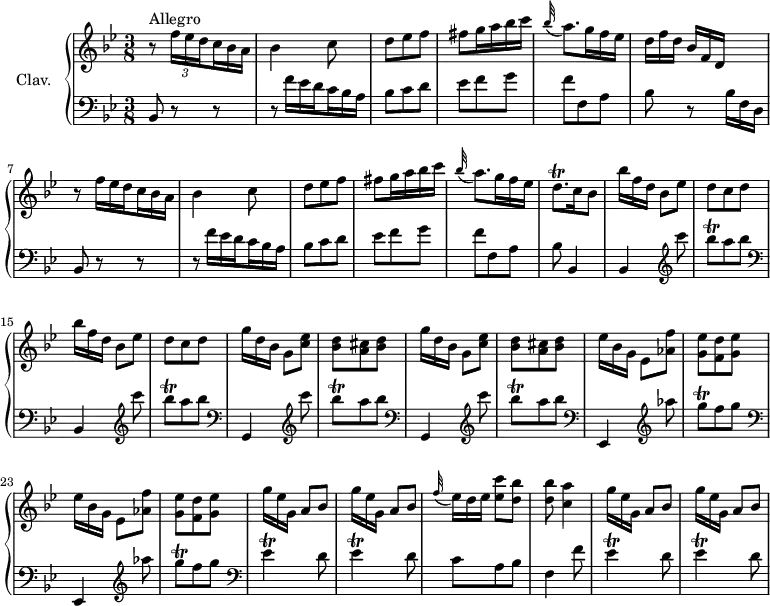 
\version "2.18.2"
\header {
  tagline = ##f
  % composer = "Domenico Scarlatti"
  % opus = "K. 112"
  % meter = "Allegro"
}
%% les petites notes
trillEesp         = { \tag #'print { ees4\trill } \tag #'midi { f32 ees f ees~ ees8 } }
trillEespDown     = { \tag #'print { ees,4\trill } \tag #'midi { f32 ees f ees~ ees8 } }
trillDqp          = { \tag #'print { d8.\trill } \tag #'midi { ees32 d ees d~ d16 } }
trillGq           = { \tag #'print { g8\trill } \tag #'midi { aes32 g aes g } }
trillBesq         = { \tag #'print { bes8\trill } \tag #'midi { c32 bes c bes } }
%% subdiviser ou non les ligatures
subd = \set subdivideBeams = ##t
nosubd = \set subdivideBeams = ##f
upper = \relative c'' {
  \clef treble 
  \key bes \major
  \time 3/8
  \tempo 4. = 62
  \set Staff.midiInstrument = #"harpsichord"
  \override TupletBracket.bracket-visibility = ##f
      s8*0^\markup{Allegro}
      r8 
      \subd
      \times 2/3 { f16 ees d } \omit TupletNumber \times 2/3 { c16 bes a } |
      \nosubd
      bes4 c8 | d ees f | fis g16 a bes  c | \appoggiatura bes32 a8. g16 f ees |
      % ms. 6
      \subd
      \times 2/3 { d16 f d  bes16[ f d] } s8 |
      r8 \times 2/3 { f'16 ees d } \times 2/3 { c16 bes a } |
      \nosubd
      bes4 c8 | d ees f | fis g16 a bes  c | 
      % ms. 11
      \appoggiatura bes32 a8. g16 f ees | \trillDqp c16 bes8 | \repeat unfold 2 { \times 2/3 { bes'16[ f d] } bes8 ees | d c d } |
      % ms. 17
      \repeat unfold 2 { \times 2/3 { g16[ d bes] } g8 < c ees >8 | < bes d > < a cis > < bes d > } |
      % ms. 21
      \repeat unfold 2 { \times 2/3 { ees16[ bes g] } ees8 < aes f' >8 | < g ees' > < f d' > < g ees' > } |
      % ms. 25
      \repeat unfold 2 { \times 2/3 { g'16[ ees g,] } a8 bes } | \appoggiatura f'32 \times 2/3 { ees16[ d ees] } < ees c' >8 < d bes' > |
      % ms. 28
      < d bes' >8 < c a' >4 | \repeat unfold 2 { \times 2/3 { g'16[ ees g,] } a8 bes } |
}
lower = \relative c' {
  \clef bass
  \key bes \major
  \time 3/8
  \set Staff.midiInstrument = #"harpsichord"
  \override TupletBracket.bracket-visibility = ##f
  \omit TupletNumber
    % ************************************** \appoggiatura a16  \repeat unfold 2 {  } \times 2/3 { }
      bes,8 r8 r8 |
      \subd
      r8 \times 2/3 { f''16 ees d   c bes a } |
      \nosubd
      bes8 c d | ees f g | f f, a | 
      % ms. 6
      bes8 r8 \times 2/3 { bes16 f d } | bes8 r8 r8 |
      \subd
      r8 \times 2/3 { f''16 ees d   c16 bes a } |
      \nosubd
      bes8 c d | ees f g |
      % ms. 11
      f8 f, a | bes bes,4 | \repeat unfold 2 { \clef bass bes4  \clef treble  c'''8 | \trillBesq a bes }
      % ms. 17
      \repeat unfold 2 {   \clef bass g,,,4  \clef treble  c'''8 | \trillBesq a bes }
      % ms. 21
      \repeat unfold 2 {   \clef bass ees,,,,4  \clef treble  aes'''8 | \trillGq f g } \clef bass | \repeat unfold 2 { \trillEespDown d8 } | c8 a bes |
      % ms. 28
      f4 f'8 | \repeat unfold 2 { \trillEesp d8 } |
}
thePianoStaff = \new PianoStaff <<
    \set PianoStaff.instrumentName = #"Clav."
    \new Staff = "upper" \upper
    \new Staff = "lower" \lower
  >>
\score {
  \keepWithTag #'print \thePianoStaff
  \layout {
      #(layout-set-staff-size 17)
    \context {
      \Score
     \override SpacingSpanner.common-shortest-duration = #(ly:make-moment 1/2)
      \remove "Metronome_mark_engraver"
    }
  }
}
\score {
  \keepWithTag #'midi \thePianoStaff
  \midi { }
}
