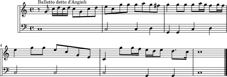 
\version "2.14.2"
\header {
  tagline = ##f
}
\score {
 \new StaffGroup <<
\set StaffGroup.systemStartDelimiter = #'SystemStartSquare
    \new Staff {
      \relative c'' {
      \key c \major
      \time 4/4
      \tempo 4 = 80
      %\autoBeamOff
      \clef treble
      \override Rest #'style = #'classical
      \set Staff.midiInstrument = #"trumpet"
   % Balletto detto d'Angioli
   r8^"Balletto detto d'Angioli" g8 c16 d c d c8 g c d | e c g' g g a g fis | g4 g8 g g a16 g f8 g16 f | e4 g8 g e c g e | c4 g''8 g16 f e d e8 d8. c16 | c1
        \bar "|."
    }
}
    \new Staff {
  <<
      \key c \major
      \set Staff.midiInstrument = #"recorder"
    \new Voice { \clef bass c1 | c2 c4 d | g, g, c d | c2 c | c g,4 g, | c1 }
    \bar "||."
  >>
    }
 >>
  \layout {
    \context {
      \Score
      \remove "Metronome_mark_engraver"
    }
  }
  \midi {}
}
