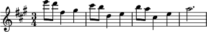 
\new Staff {
  \relative c' {
    \key a \major
    \time 3/4
    e''8 d8 fis,4 gis4
    cis8 b8 d,4 e4
    b'8 a8 cis,4 e4 
    a2.
  }
}
\midi {
  \context {
    \Score
    tempoWholesPerMinute = #(ly:make-moment 120 4)
  }
}
