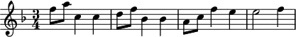 
\header {
  tagline = ##f
}
\score {
  \new Staff \with {
  }
<<
  \relative c'' {
    \key f \major
    \time 3/4
    \override TupletBracket #'bracket-visibility = ##f 
    \autoBeamOff
     %%%%%%%%%%%%%%%%%%%%%%%%%% K2
     f8[ a] c,4 c d8[ f] bes,4 bes a8[ c] f4 e e2 f4
  }
>>
  \layout {
    \context {
      \remove "Metronome_mark_engraver"
    }
  }
  \midi {}
}
