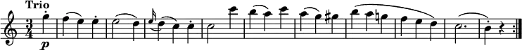 
\version "2.18.2"
\relative c'' {
  \key c \major
  \time 3/4
  \tempo "Trio "
  \tempo 4 = 160
  \partial 4  g'4-. \p 
  f (e) e-.
  e2 (d4)
  \grace e16 (d4) (c) c-.
  c2 c'4
  b (a) c
  a (g) gis
  b (a g! f e d)
  c2. (b4-.) r \bar ":|."
}
