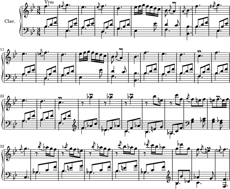 
\version "2.18.2"
\header {
  tagline = ##f
  % composer = "Domenico Scarlatti"
  % opus = "K. 273"
  % meter = "Allegro"
}
%% les petites notes
trillA        = { \tag #'print { a4\prall } \tag #'midi { bes32 a bes a~ a8 } }
trillCp       = { \tag #'print { c4.\prall } \tag #'midi { d32 c d c~ c4 } }
trillAesUp    = { \tag #'print { aes'4\prall } \tag #'midi { bes32 aes bes aes~ aes8 } }
trillE        = { \tag #'print { e4\prall } \tag #'midi { f32 e f e~ e8 } }
appoABesp     = { \tag #'print { \appoggiatura a8 bes4. } \tag #'midi { a4   \tempo 4. = 30 bes8    \tempo 4. = 72 } }
appoFGp       = { \tag #'print { \appoggiatura f8 g4.  } \tag #'midi { f4   \tempo 4. = 30 g8    \tempo 4. = 72 } }
appoEFp       = { \tag #'print { \appoggiatura e8 f4.  } \tag #'midi { e4   \tempo 4. = 30 f8    \tempo 4. = 72 } }
trillFqp      = { \tag #'print { f8.\prall } \tag #'midi { g32 f g f~ f16 } }
% 
upper = \relative c'' {
  \clef treble 
  \key bes \major
  \time 3/8
  \tempo 4. = 72
  \set Staff.midiInstrument = #"harpsichord"
  \override TupletBracket.bracket-visibility = ##f
      s8*0^\markup{Vivo}
      f4. | \appoggiatura fis8 g4. | ees | \appoggiatura ees8 f4. | d | ees16 f32 g f16[ ees d c] | bes8 \appoggiatura bes8 \trillA
      % ms. 8
      \appoABesp | f'4. \acciaccatura fis8 g4. | ees \appoggiatura e8 f4. | d4. | ees16 f32 g f16[ ees d c] | bes8 \appoggiatura bes8 \trillA
      % ms. 16
      \tempo 4. = 40 bes4. \tempo 4. = 72 | \repeat unfold 2 { f'4. | ees d 
      % ms. 24
      \trillCp } | \repeat unfold 3 { r8 \trillAesUp } | r8 bes8 e, | r8 c'8 f, | \acciaccatura g8 f8 e f | e \trillFqp e32 f |
      % ms. 32
      \appoFGp | r8 \acciaccatura bes8 aes16 g f8 | r8 \acciaccatura aes8 g16 f e8 | r8 \acciaccatura bes'8 aes16 g f8 | r8 \acciaccatura c'8 bes16 aes g8 | r8 \acciaccatura des'8 c16 bes aes8 | g des' g, |
      % ms. 39
      f8 \acciaccatura f8 \trillE | \appoEFp |
}
lower = \relative c' {
  \clef bass
  \key bes \major
  \time 3/8
  \set Staff.midiInstrument = #"harpsichord"
  \override TupletBracket.bracket-visibility = ##f
    % **************************************
      \repeat unfold 2 { << { bes8 d f | ees, bes' ees | a, c ees | d, a' d | g, bes d } 
      \\ { \mergeDifferentlyDottedOn bes4. | ees, | a | d, | g } >> | 
      ees4 ees'8 | << { d4 c8 } \\ { f,4. } >>
      % ms. 8
      < bes, bes' >4. }
      % ms. 17
      \repeat unfold 2 { << { bes'8 d f | a, c f | bes,8 d f | f, c' f } 
      \\ { \mergeDifferentlyDottedOn bes,4. | a | bes | f } >> } |   \clef treble 
      % ms. 25
      << { f'8 aes c | des, f aes | c, f aes | bes, e g | aes, c f } \\ { f4. | des | c | bes | aes } >>   \clef bass < g bes >4 < aes c >8 | < g bes >4 < f aes >8 |
      % ms. 32
      c4. | \repeat unfold 2 { << { aes'8 c f | bes, e g } \\ { aes,4. bes } >> } << { aes8 c f | \clef treble bes,8 bes' des, } \\ { aes4. |  \clef treble bes4. } >>
      % ms. 39
      << { aes'4 g8 } \\ { c,4. } >> < f, f' >4.
}
thePianoStaff = \new PianoStaff <<
    \set PianoStaff.instrumentName = #"Clav."
    \new Staff = "upper" \upper
    \new Staff = "lower" \lower
  >>
\score {
  \keepWithTag #'print \thePianoStaff
  \layout {
      #(layout-set-staff-size 17)
    \context {
      \Score
     \override SpacingSpanner.common-shortest-duration = #(ly:make-moment 1/2)
      \remove "Metronome_mark_engraver"
    }
  }
}
\score {
  \keepWithTag #'midi \thePianoStaff
  \midi { }
}
